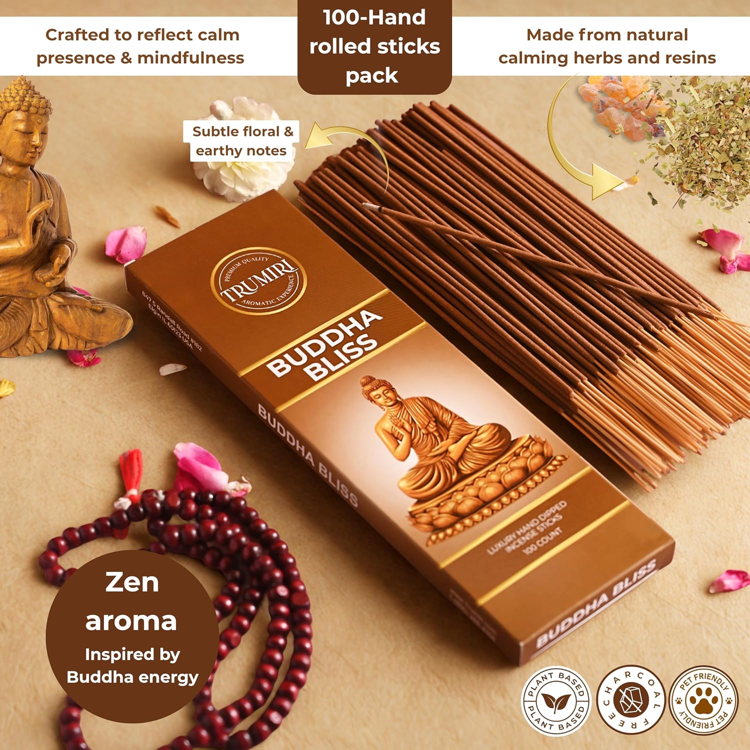 Buddha Bliss Incense Sticks - Pack of 100 Inscents-Sticks - Made with Natural Non Toxic Raw Ingredients - Meditation Insence Indian Spiritual Agarbatti Inciensos Aromaticos