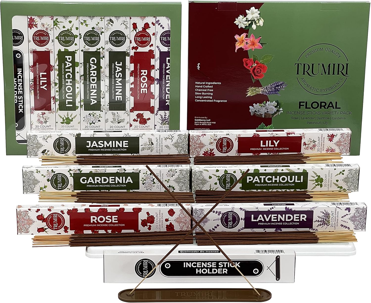 Floral Incense Sticks Variety Pack - 120 Insence-Sticks (6 Incents x 20 Insense) - Rose Lavender Jasmine Patchouli Gardenia Lily - Natural Inscents-Sticks Non Toxic Incienso with Stick Incense Holder