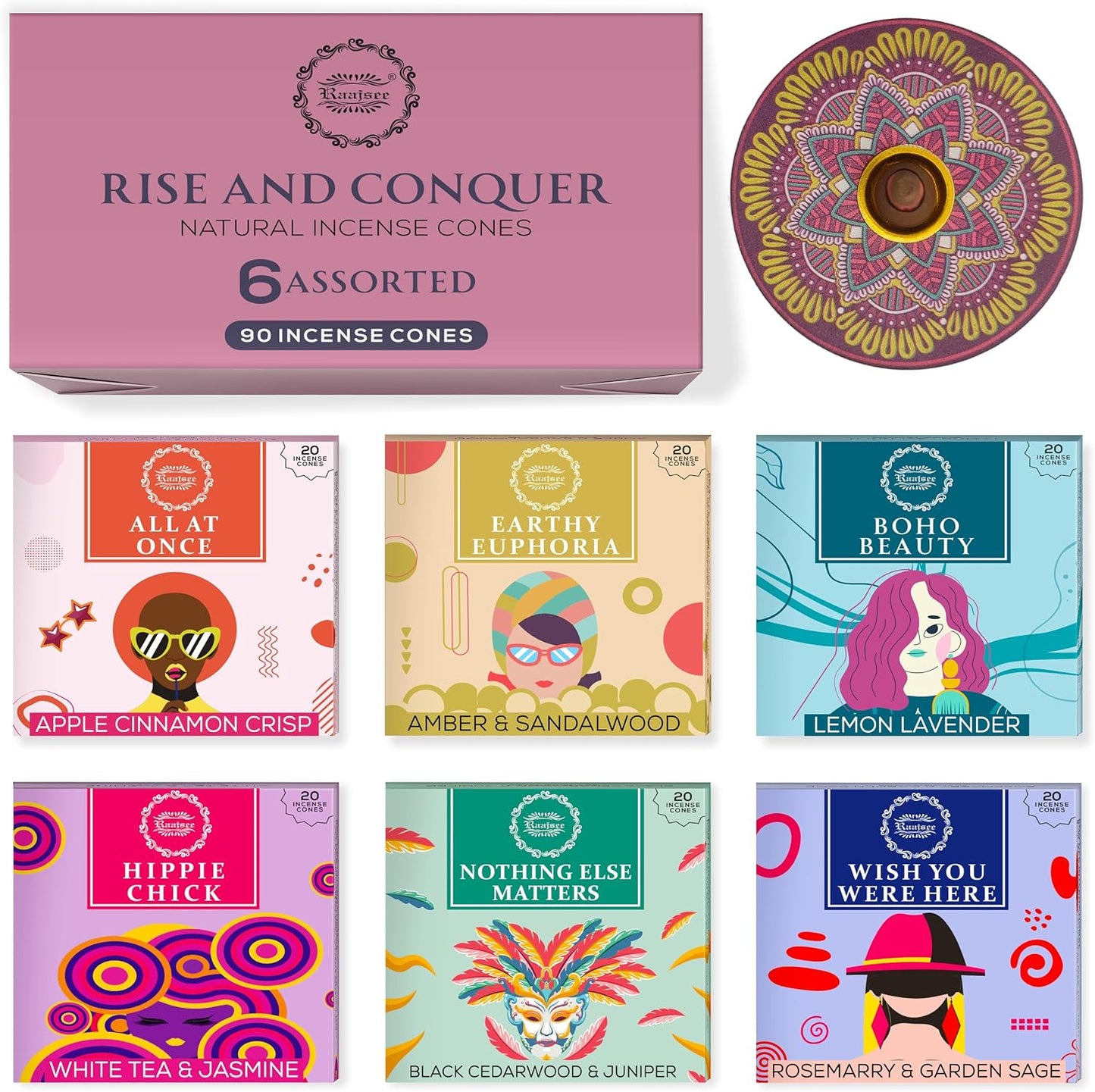 Raajsee Incense Cones, 6 Pack Cone Incense Gift Pack 15 pc Each (90 Total), 100% Organic Non Toxic Natural Insence Cones Variety Pack