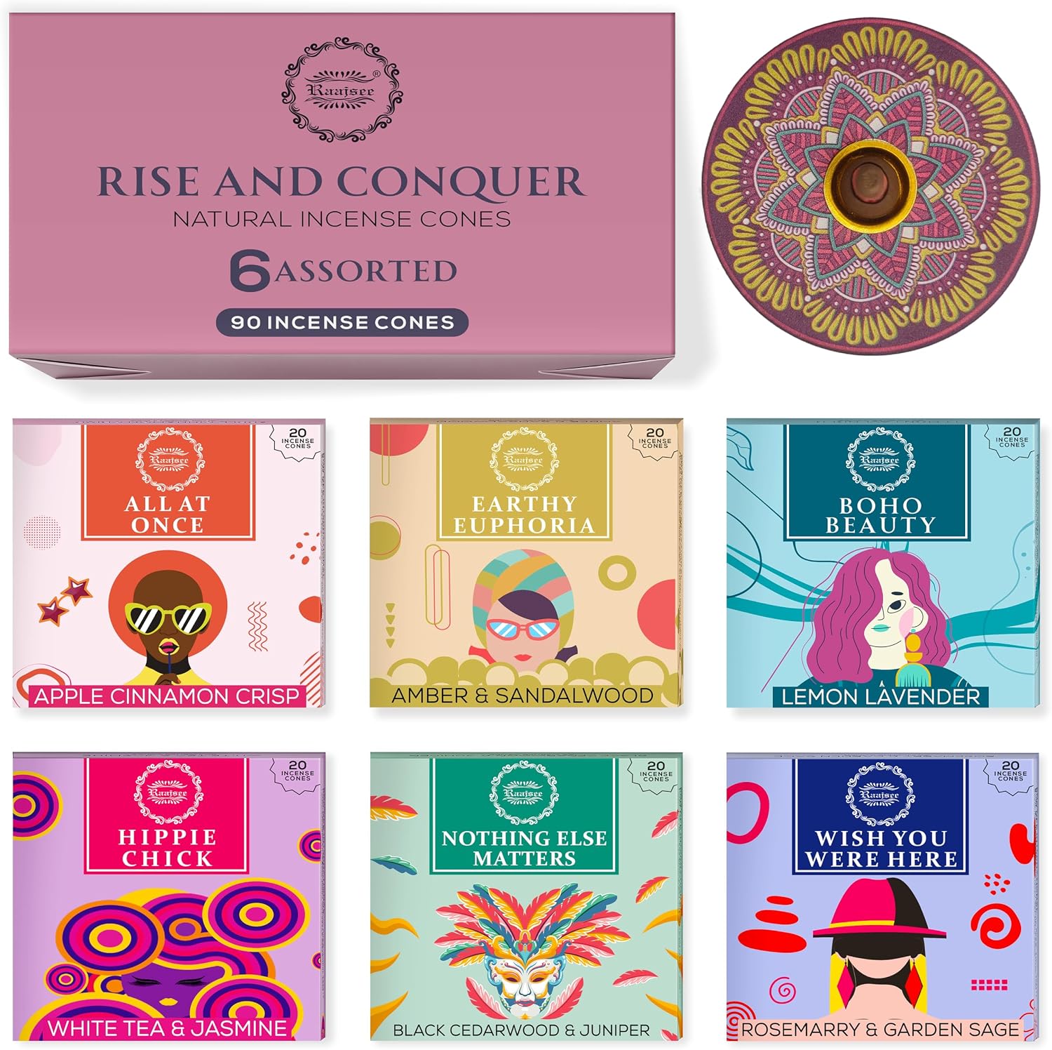 Raajsee Incense Cones, 6 Pack Cone Incense Gift Pack 15 pc Each (90 Total), 100% Organic Non Toxic Natural Insence Cones Variety Pack