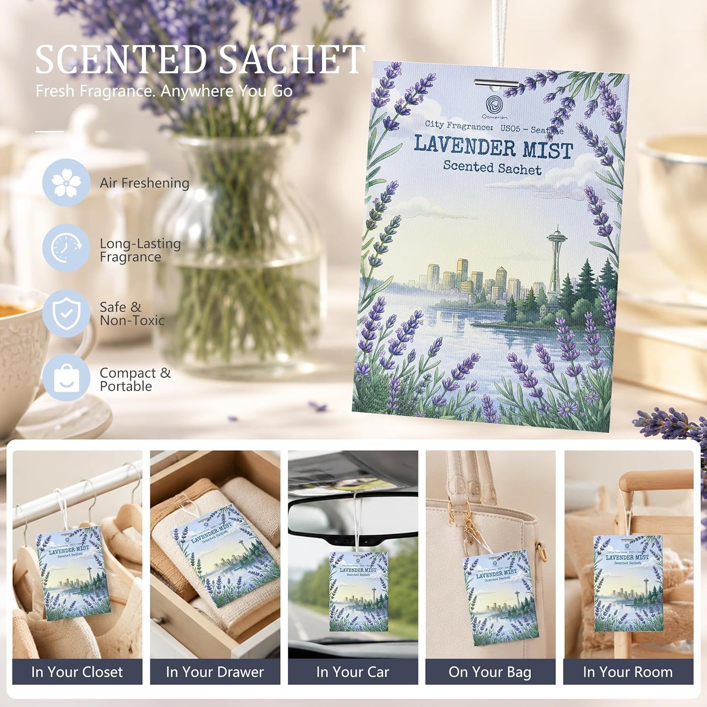 US05-Seattle Lavender Mist Sachets for Drawers, Closets & Cars, 12 Pack | Car Air Freshener sachets with Seattle Lavender Mist scent. Freshens closets, drawers, cars and small spaces.