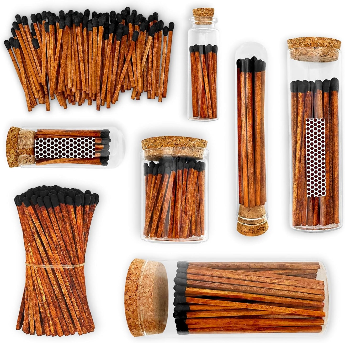 4" Brown Stick Black Tip Espresso Matches (100 Count, + Striking Stickers) | Decorative Unique & Fun for Your Home, Gifts, Accessories & Events | Premium Long Wood Safety Matches by Thankful Greetings