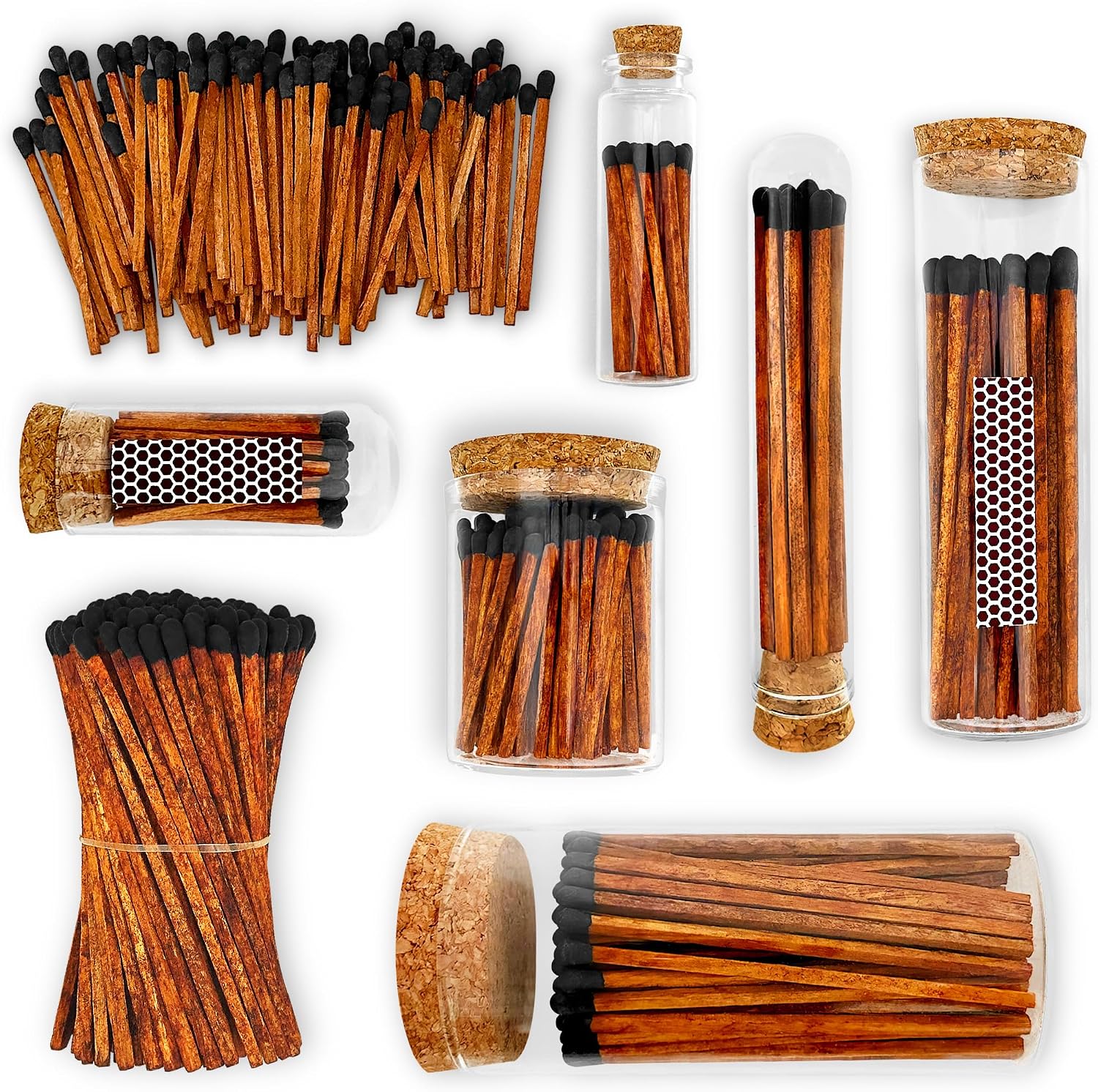 2" Espresso Matches in 3 Mini Cloche Jars + Striker Stickers Included | 100 Brown Stick Black Tip Decorative Matches with Glass Holders | Gifts, Home Decor, & Candle Accessories by Thankful Greetings