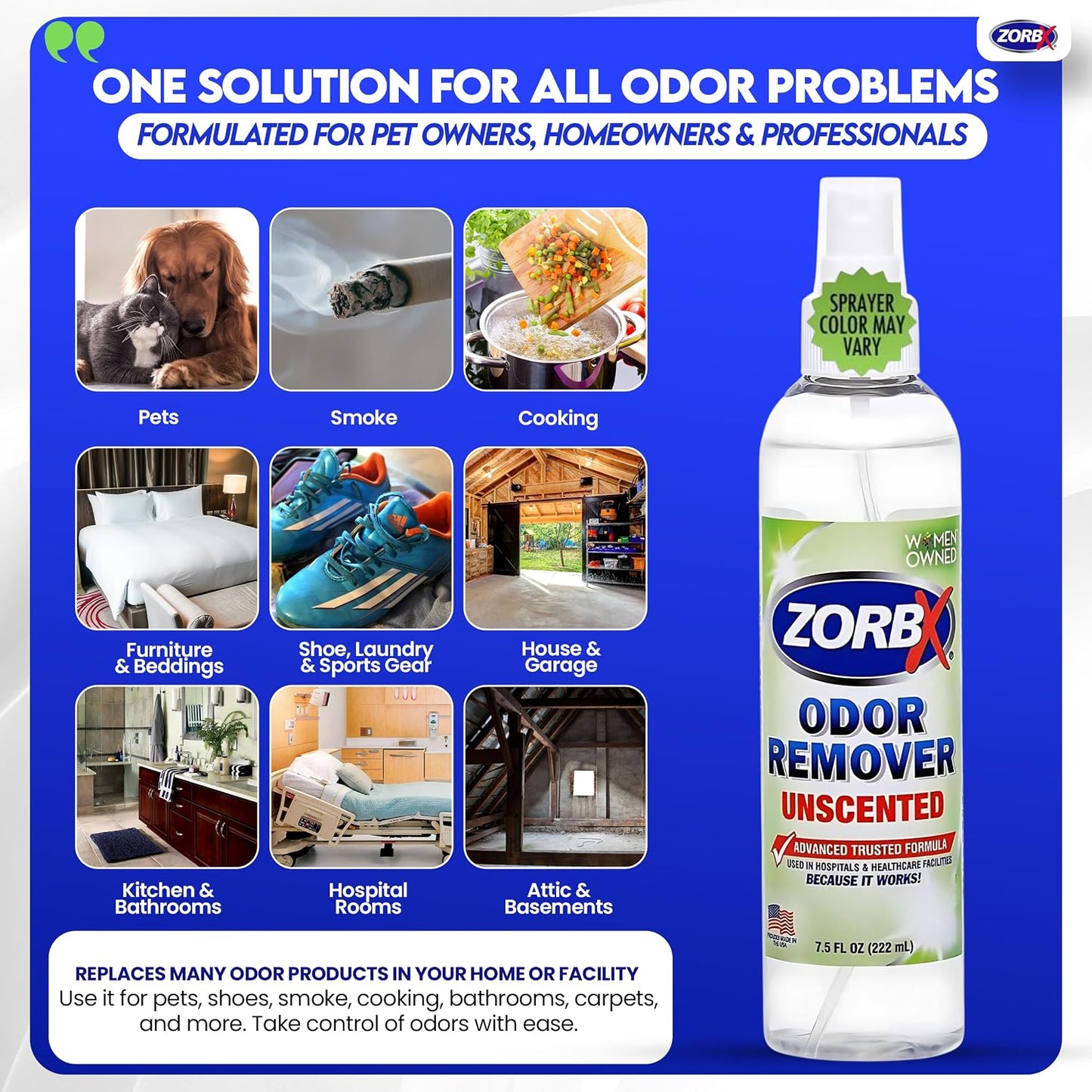 ZORBX Unscented Odor Eliminator Spray 7.5 Oz (2-Pack) – Hospital-Grade Permanent Odor Remover for Pet & Human Urine, Smoke & Strong Household Odors – Carpet, Upholstery, Mattress, Bathroom, Car & More