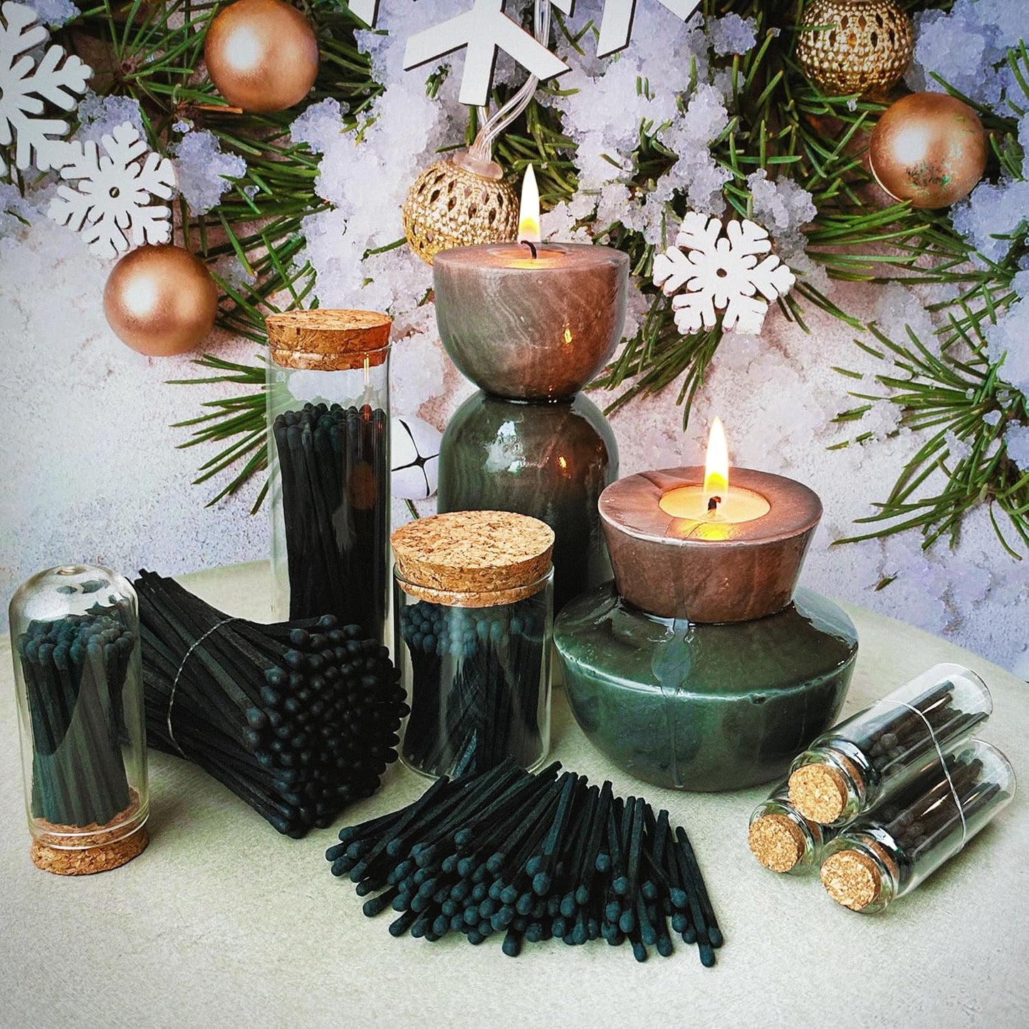 Decorative Matches in a Glass Jar | 4" All Black Long Matches (100 Match Sticks) + Cork Top Glass Holder + Striker Stickers | Gifts, Décor, & Candle Accessories | by Thankful Greetings, USA