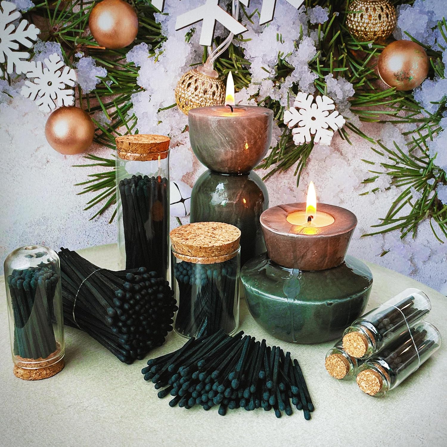 Decorative Matches in a Glass Jar | 4" All Black Long Matches (100 Match Sticks) + Cork Top Glass Holder + Striker Stickers | Gifts, Décor, & Candle Accessories | by Thankful Greetings, USA