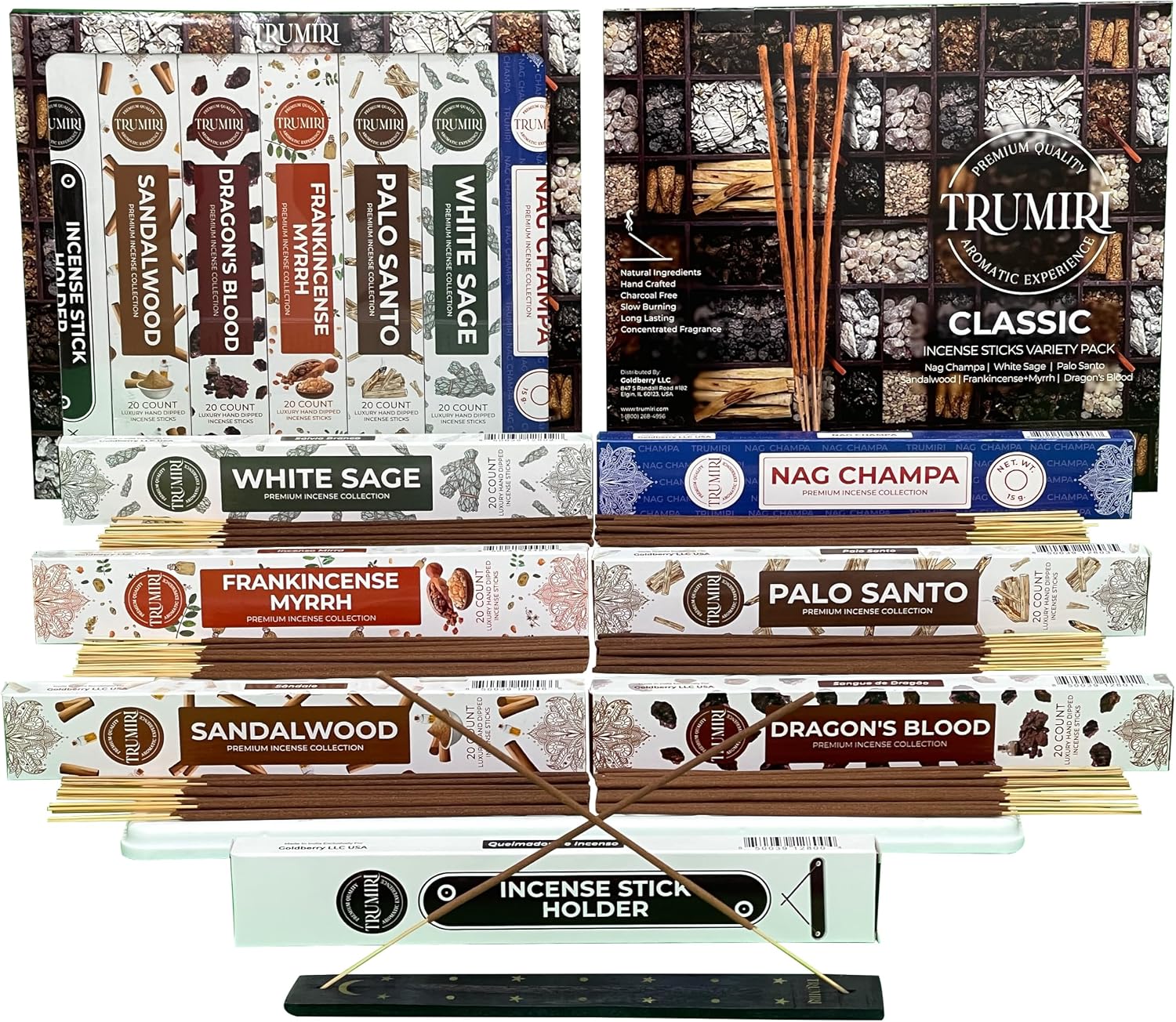 Classic Incense Sticks - Total 120 Insence-Sticks (20 Insense x 6 Inscents) - Inciensos Aromaticos Para La Casa Incents with Nag Champa Sage Palo Santo Frankincense Sandalwood Inscents-Sticks + Holder