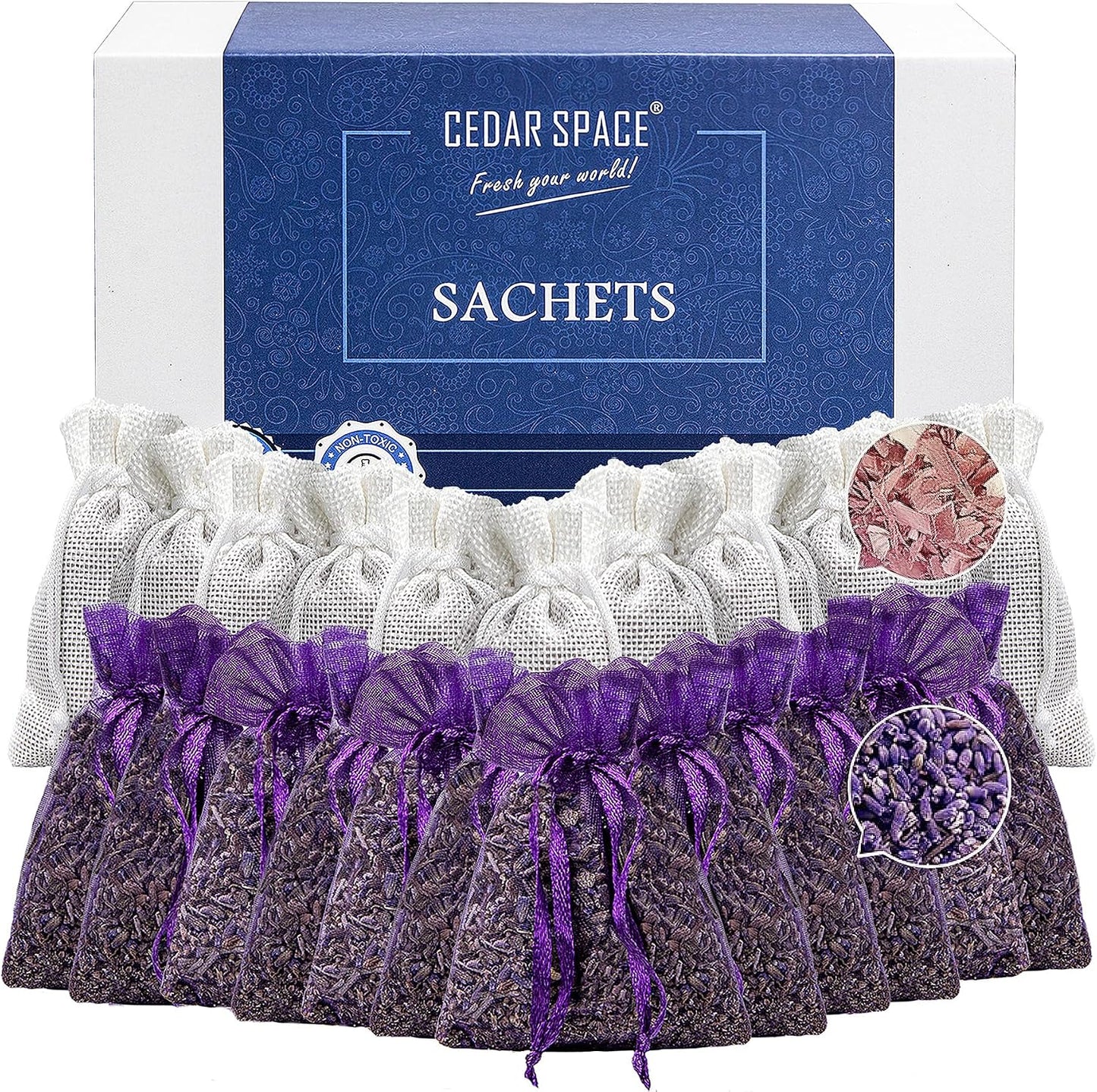 Cedar Space Lavender Sachet Bags for Drawers and Closets(24 Pack),Potpourri Bags,Dried Lavender Flowers,Cedar Blocks for Clothes Storage Scent Air Freshener, Cedar Chips Lavendar for Home Fragrance