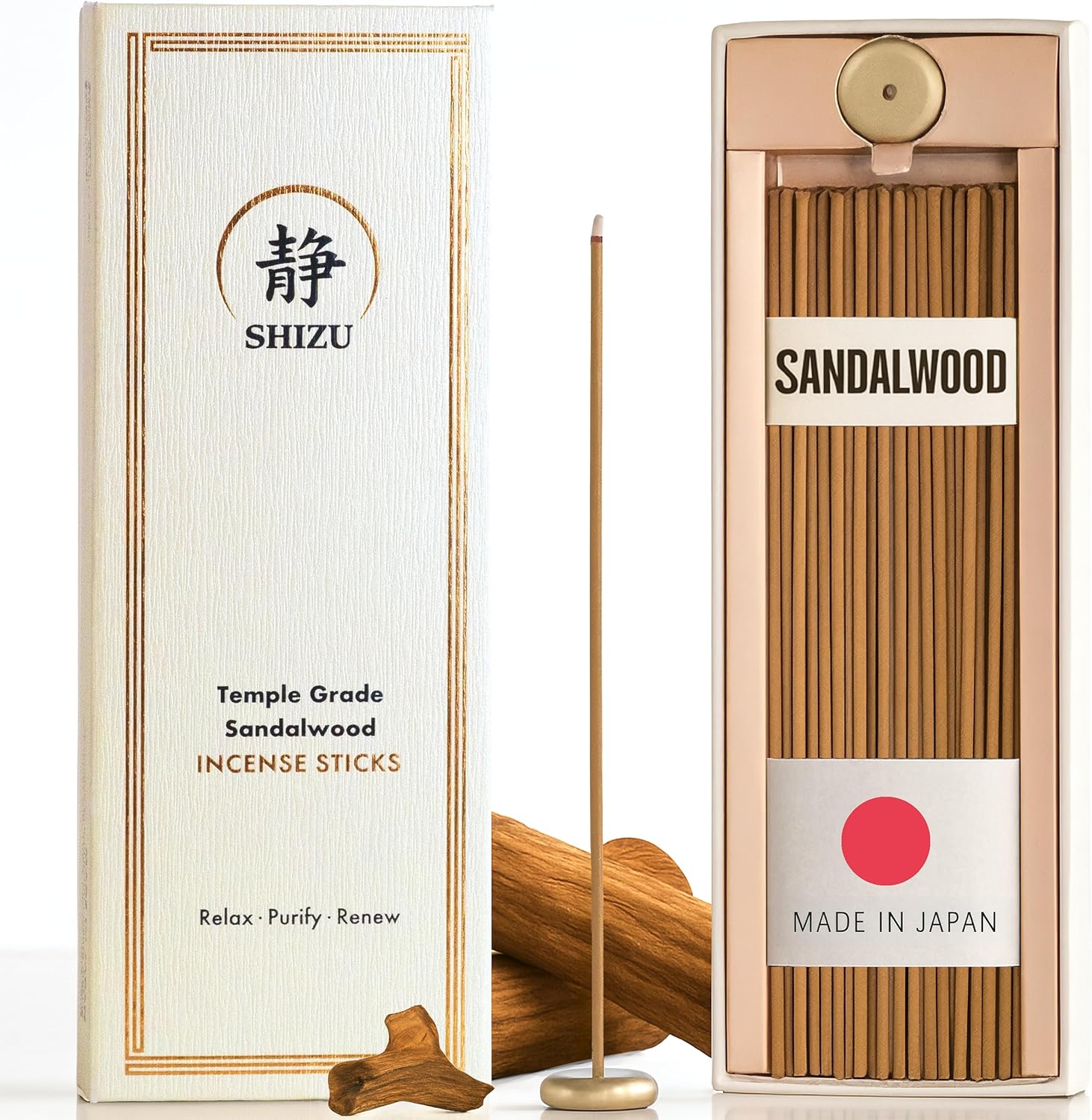 Shizu Sandalwood Incense Sticks – Artisanal Temple Grade Japanese Incense with Brass Holder – Subtle, Calming Scent for Relaxation, Meditation & Home Spa, Elegant Gift Set (60 Sticks)