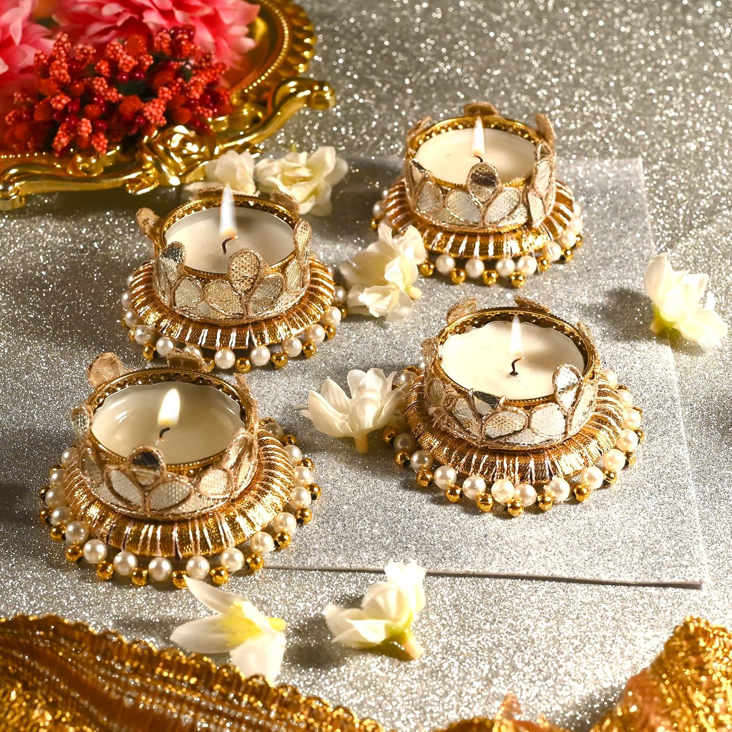 Set of 4 Jute Ring with Moti Beads T Light Candle Stand Tealight Holder Lights Festival Indian Traditional New year Decorations Lighting Accessories Wedding Home Decor(Without Wax)(Size:-4")(Golden)