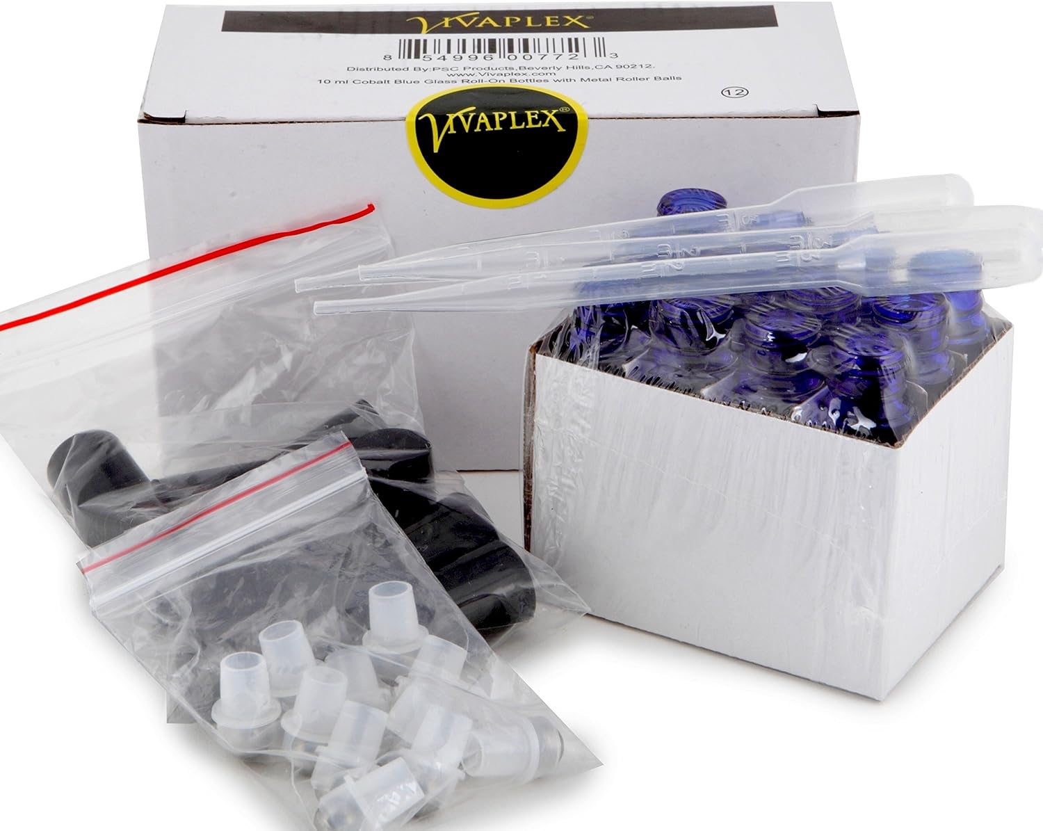 Vivaplex, 12, Cobalt Blue, 10 ml Glass Roll-on Bottles with Stainless Steel Roller Balls. 3-3 ml Droppers included