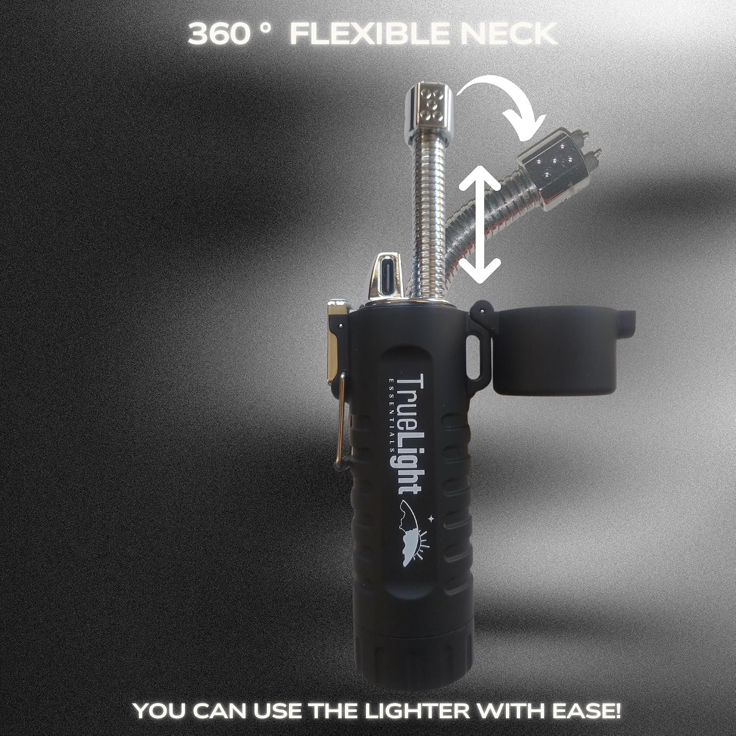 TrueLightEssentials Electric Rechargeable Plasma Lighter - Waterproof USB Arc Lighters with Flashlight LED Battery Indicator and Flexible Neck for Candle Survival Camping Emergency (Black, Long)