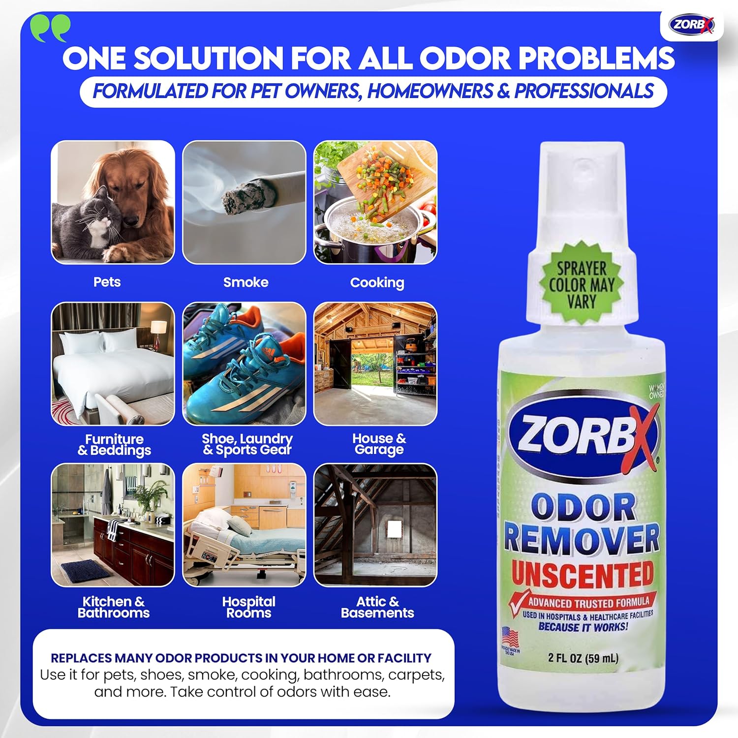 ZORBX Unscented Odor Eliminator Spray 2 Oz (5-Pack) – Hospital-Grade Permanent Odor Remover for Pet & Human Urine, Smoke & Strong Household Odors – Carpet, Upholstery, Mattress, Bathroom, Car & More