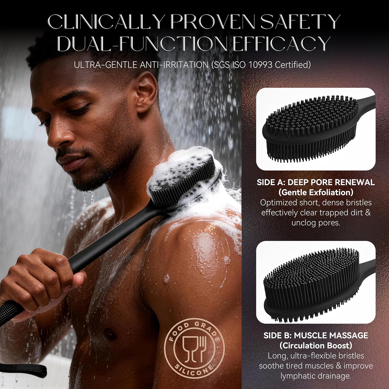 CORATED Silicone Back Scrubber for Shower, Exfoliating Body Scrubber with Long Handle, 2‑in‑1 Body Brush for Women & Men Daily Use, Loofah Alternative Bath Accessories