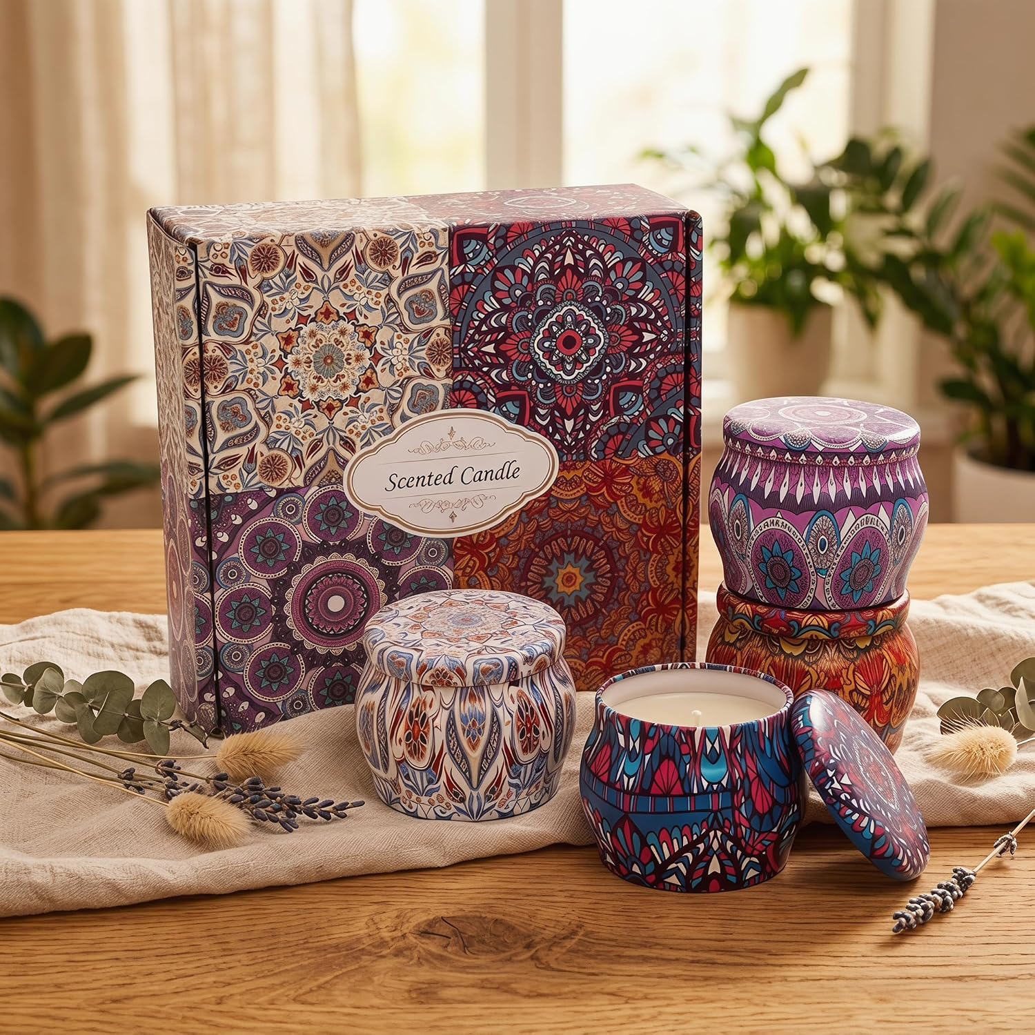 Topadorn 4 Pack Scented Candles Gift Set, Soy Wax Aromatherapy Candles in Decorative Boho Tins, Lavender Rose Vanilla Lemon Candle Gift Box for Women, Home Decor & Relaxation