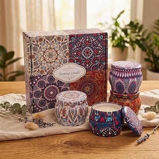 Topadorn 4 Pack Scented Candles Gift Set, Soy Wax Aromatherapy Candles in Decorative Boho Tins, Lavender Rose Vanilla Lemon Candle Gift Box for Women, Home Decor & Relaxation