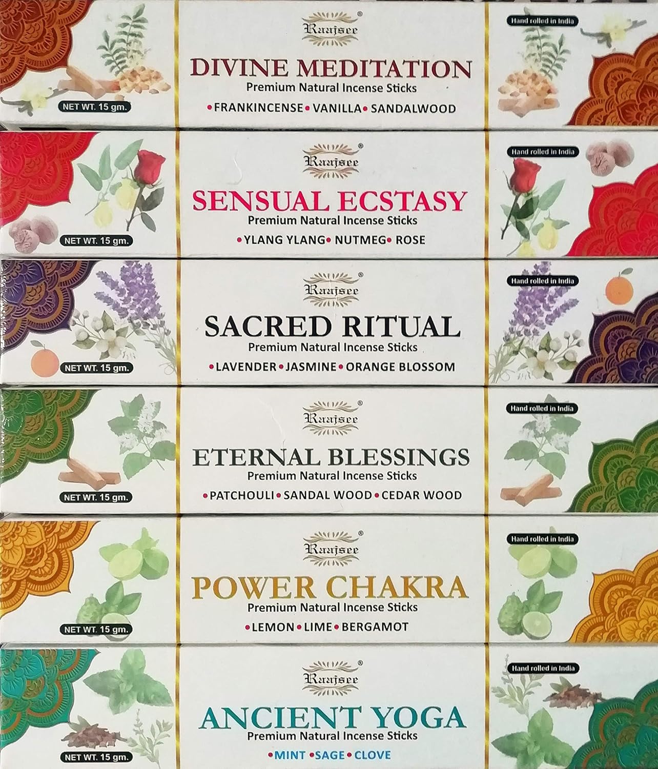 Raajsee Natural Incense Sticks,6 Pack Mixed Scents Gift Pack 15 gm Each (90 gm Total), Insense Sticks Variety Pack, 100% Organic Non Toxic Natural - Hand Rolled Free from Chemicals
