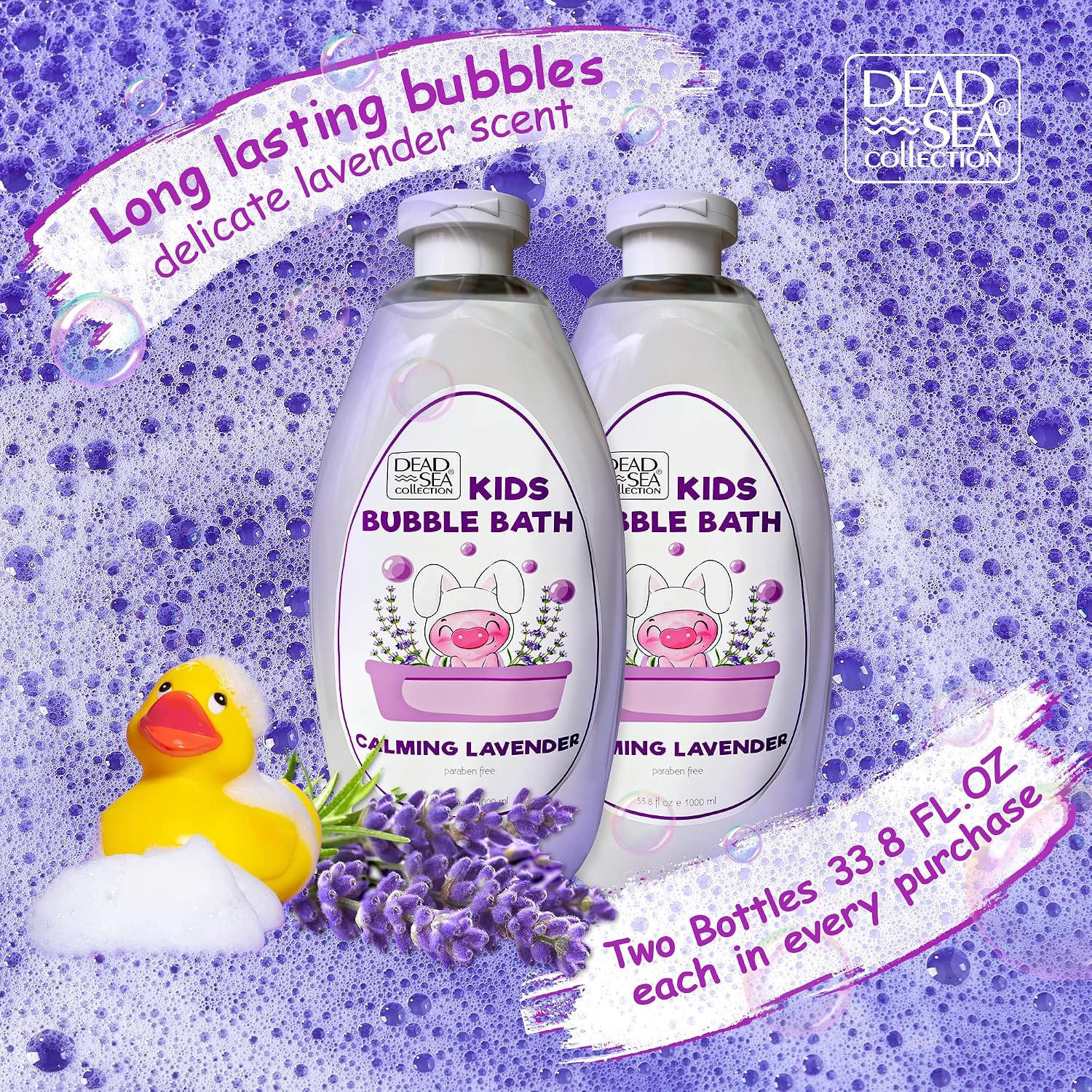 Dead Sea Collection Bubble Bath Kids with Lavender - Cleansing and Moisturizing Liquid Bath Bubbles - Lavender Oil and Pure Dead Sea Minerals - Pack of 2 Large Bottles (67.6 fl.oz)