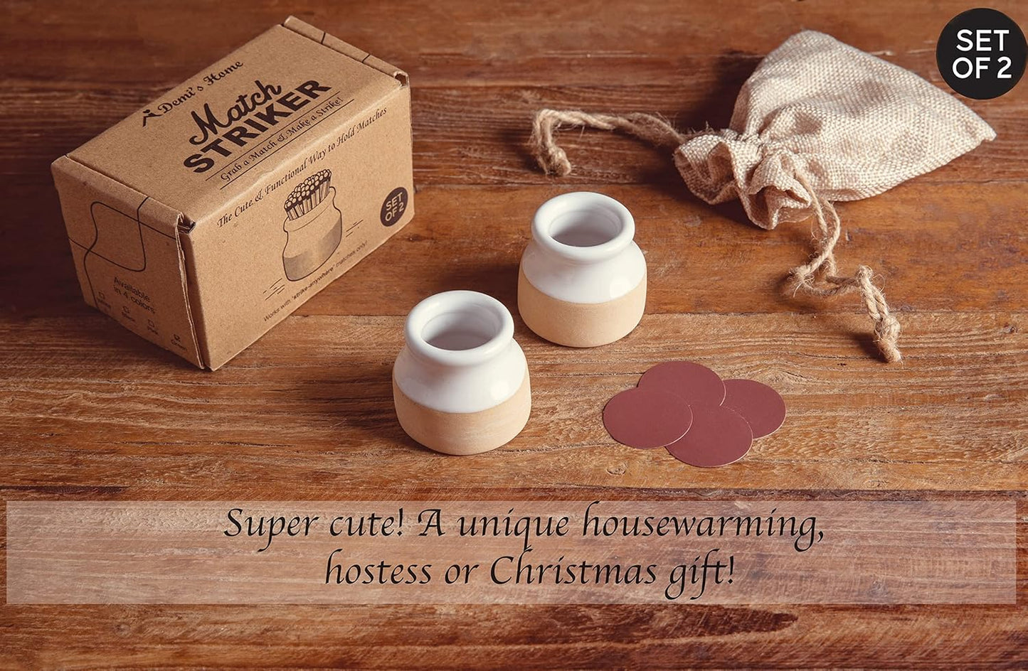 Demi's Home Match Striker - Set of 2 - White - (Matches Not Included) - Ceramic Match Holder with Striker