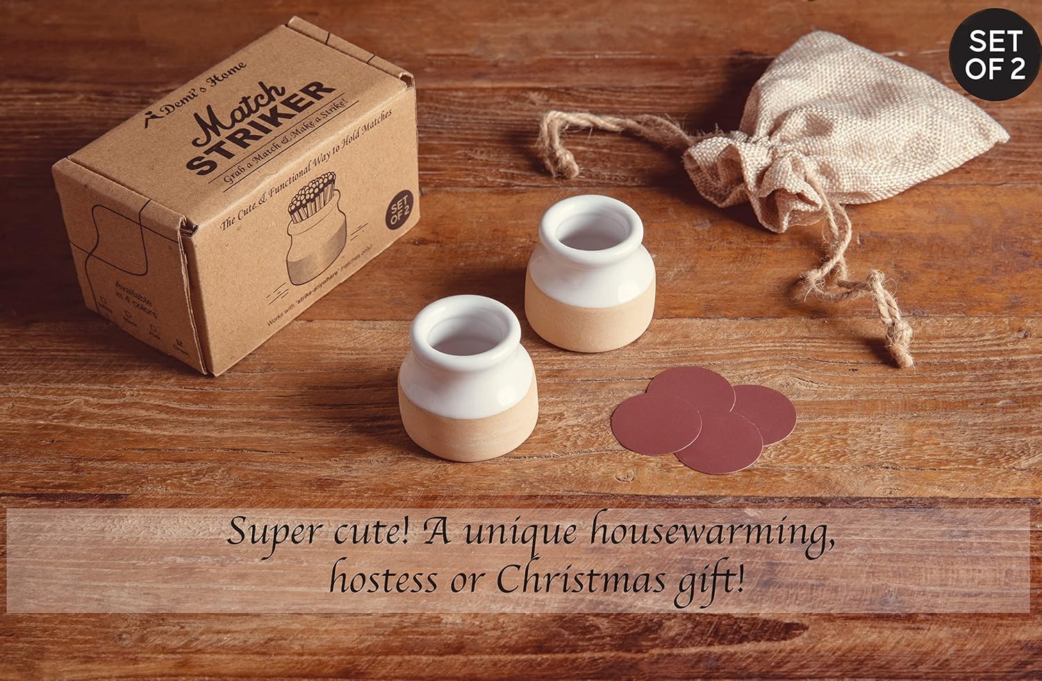 Demi's Home Match Striker - Set of 2 - White - (Matches Not Included) - Ceramic Match Holder with Striker