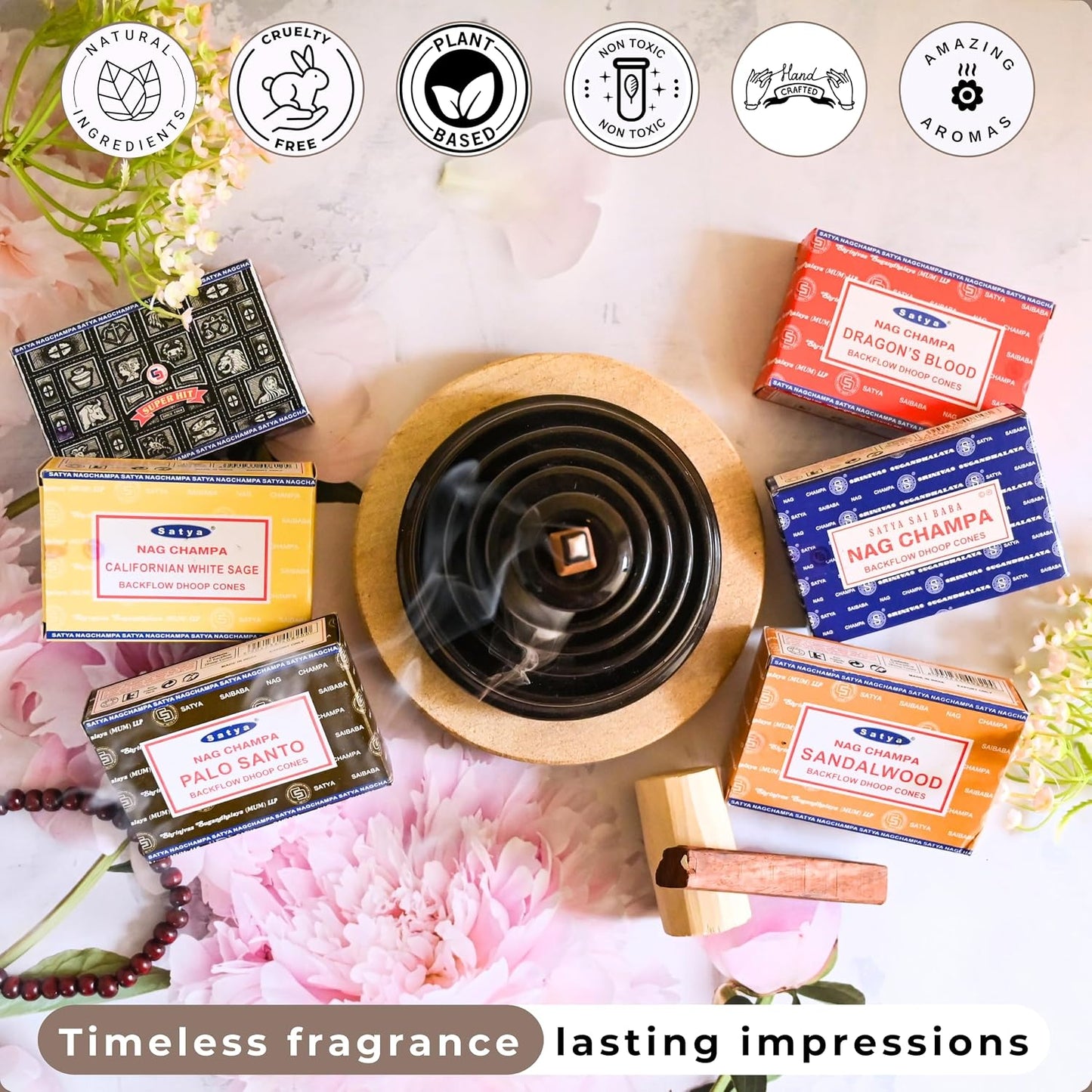 Nag Champa|Super Hit|Dragons Blood|Palo Santo|Sandalwood|Californian White Sage Variety Pack Backflow Incense Cones for Waterfall Aromatic Smoke Fountain Haze Falls and Mat Bundle - Pack of 6