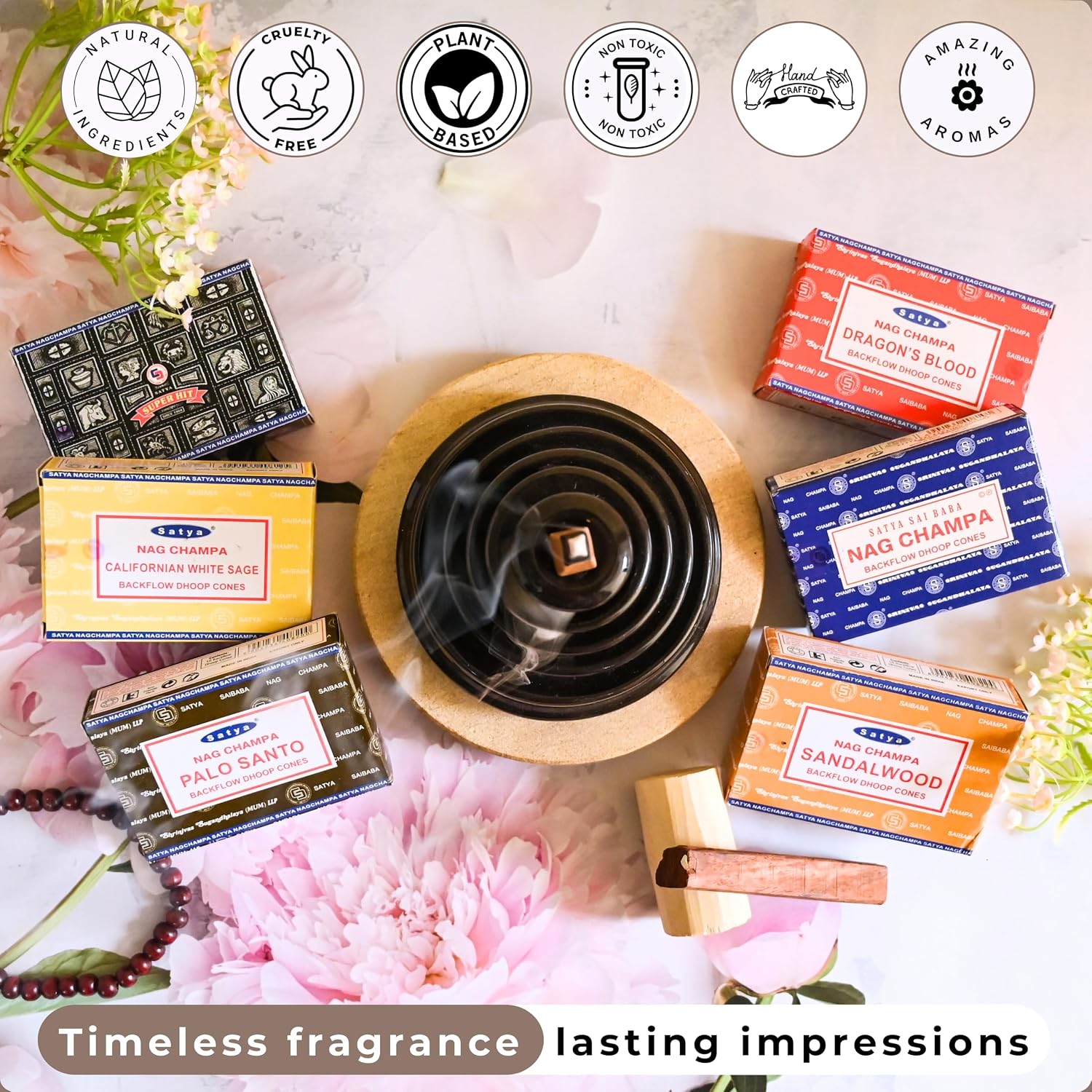 Nag Champa|Super Hit|Dragons Blood|Palo Santo|Sandalwood|Californian White Sage Variety Pack Backflow Incense Cones for Waterfall Aromatic Smoke Fountain Haze Falls and Mat Bundle - Pack of 6