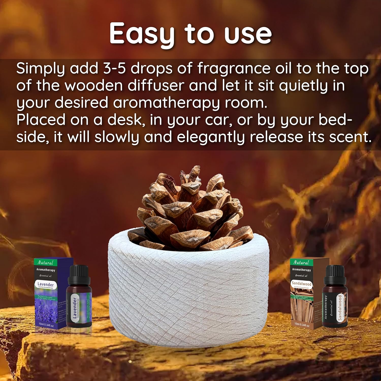 Wooden Essential Oil Diffuser - Small Cylinder Passive Diffuser, Beech Wood Aromatherapy Diffuser with Pine Cone & 20ml Essential Oils Great for Decorating at Desk, Office or Car
