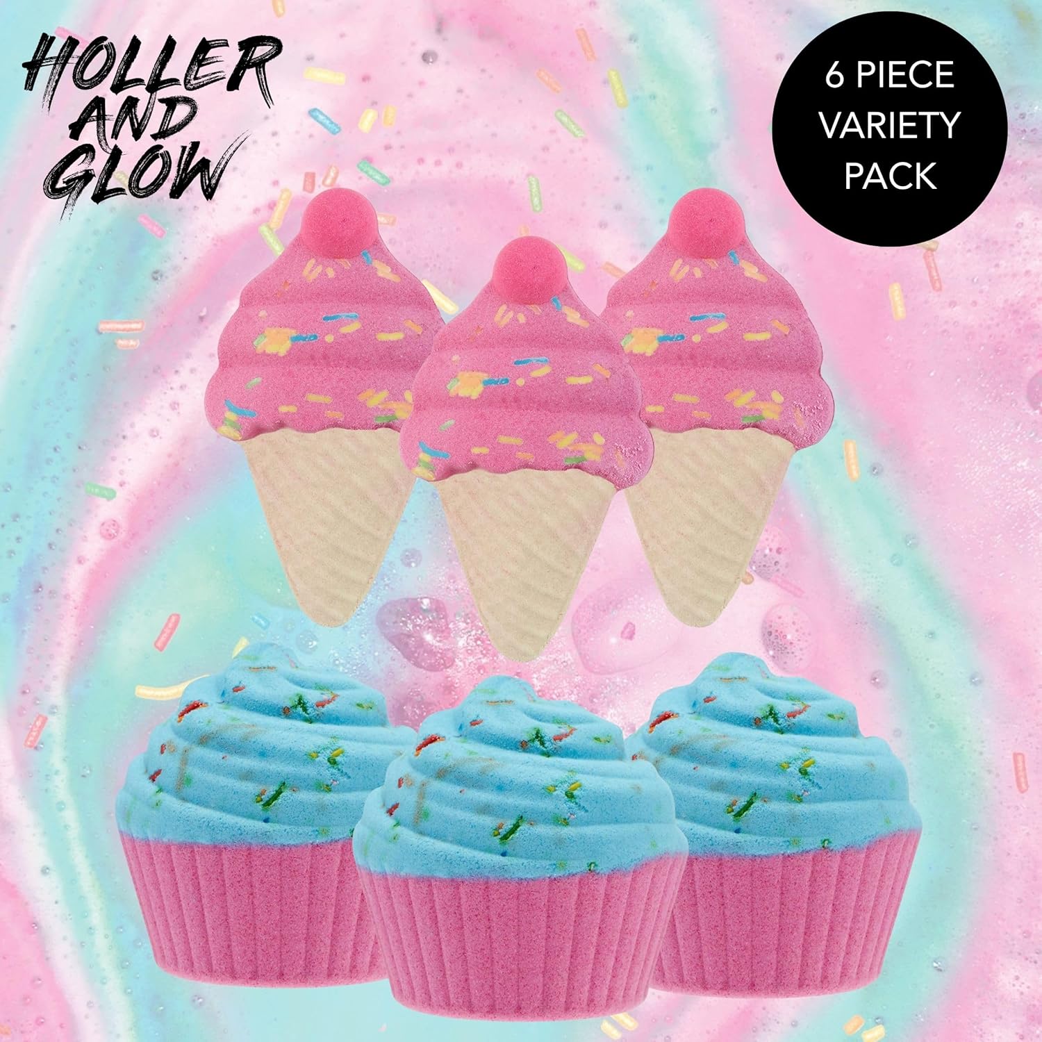 Holler and Glow Sweet Treat Bath Bomb Variety, Cupcake & Ice Cream, Bath Bombs for Girls, Sweet Scented, Fizzy Color Bursting, Non Toxic, Skin Safe, Mother's Day, Easter Or Birthday, 6 Piece Gift Set
