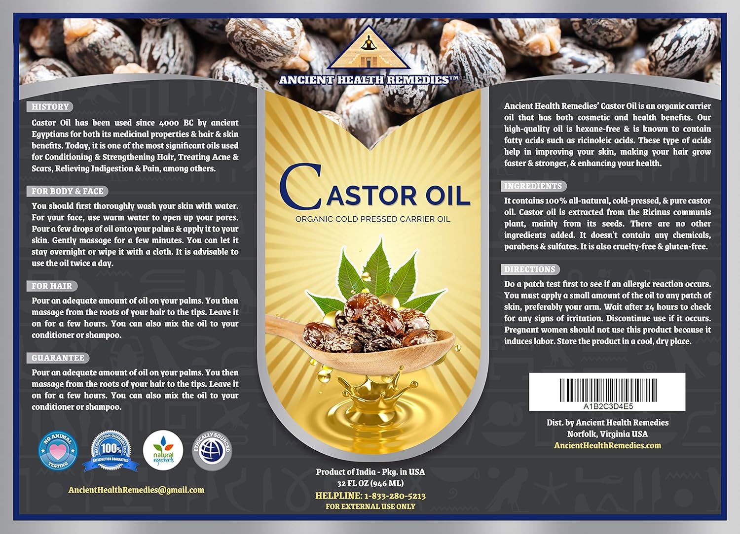 ANCIENT HEALTH REMEDIES Organic Unrefined Cold Pressed PURE CASTOR CARRIER OIL Bulk Wholesale Beauty Hair Growth Moisturizing DIY Oil For Body Butter Skin Products Skin Softening (INDIA) (32OZ)