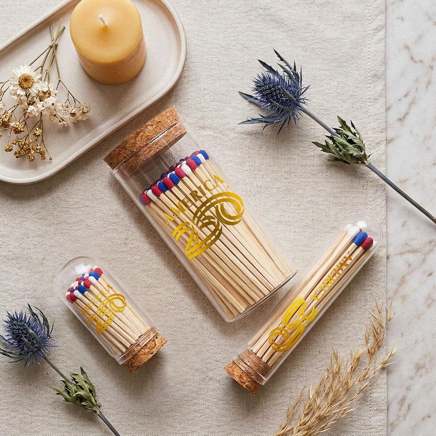 Decorative Matches in a A250 Gold Glass Jar | 4" Red White Blue Long Matches (100 Match Sticks) + Cork Top Glass Holder + Striker Stickers | Gifts, Décor by Thankful Greetings