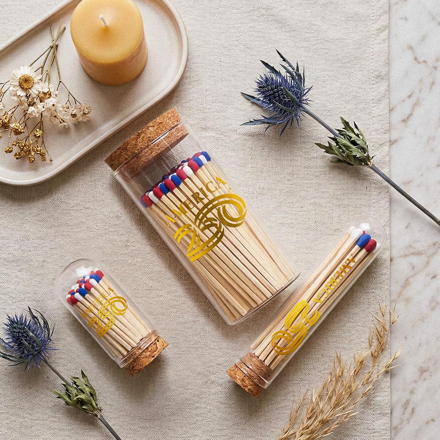 Decorative Matches in a A250 Gold Glass Jar | 4" Red White Blue Long Matches (100 Match Sticks) + Cork Top Glass Holder + Striker Stickers | Gifts, Décor by Thankful Greetings