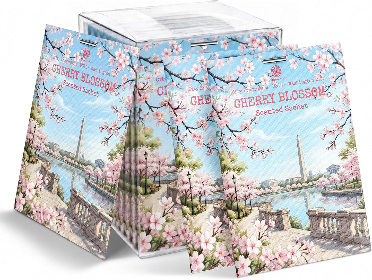 US12-Washington D.C. Cherry Blossom Sachets for Drawers & Closets, 12 Pack | Car Air Freshener sachets with D.C. Cherry Blossom scent. Freshens closets, drawers, cars and small spaces.