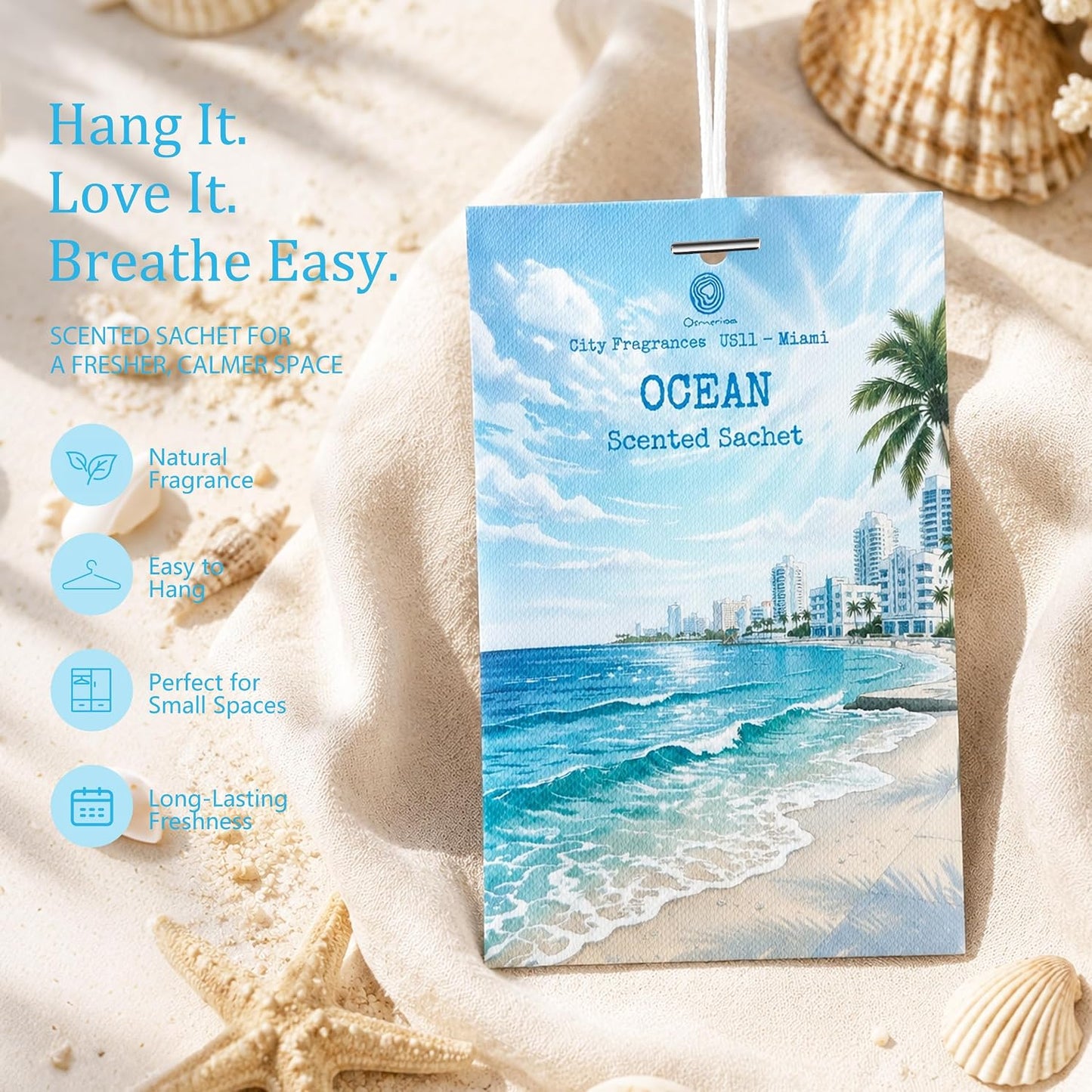 US11-Miami Ocean Scented Sachets for Drawers and Closets, Car Air Freshener Bags, Ocean Closet Freshener and Odor Eliminator for Wardrobe, Dresser, Car and Small Spaces 12 Pack
