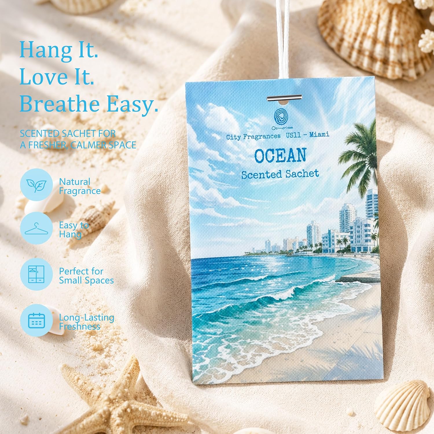US11-Miami Ocean Scented Sachets for Drawers and Closets, Car Air Freshener Bags, Ocean Closet Freshener and Odor Eliminator for Wardrobe, Dresser, Car and Small Spaces 12 Pack