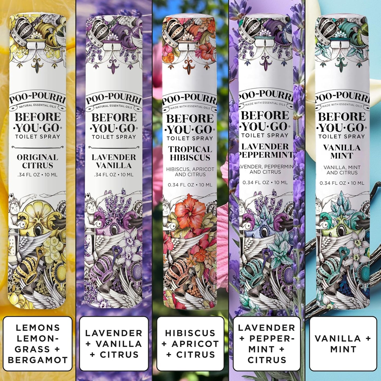 Poo-Pourri Before-You-Go Toilet Spray, Travel Essentials, .34 Fl Oz, In A Pinch Variety 5 Pack, Each Up to 20 Uses, On-The-Go Bathroom Odor Deodorizer with Essential Oils, TSA Approved Size, 5 Scents