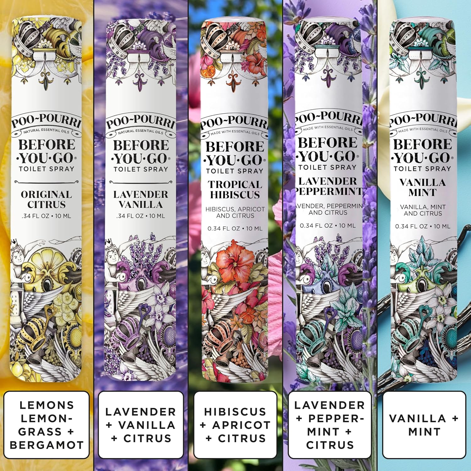 Poo-Pourri Before-You-Go Toilet Spray, Travel Essentials, .34 Fl Oz, In A Pinch Variety 5 Pack, Each Up to 20 Uses, On-The-Go Bathroom Odor Deodorizer with Essential Oils, TSA Approved Size, 5 Scents