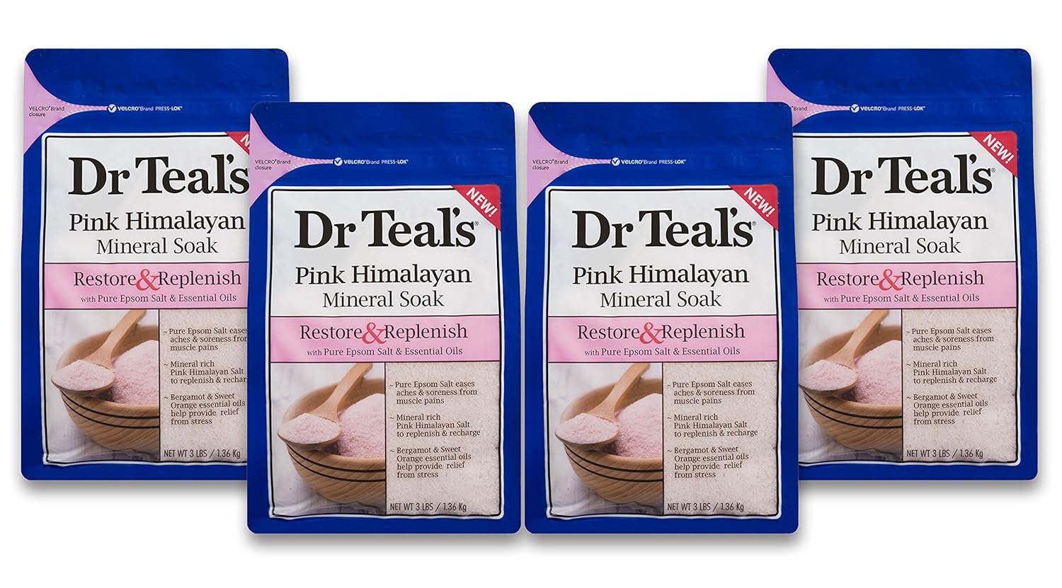 Dr Teal's Epsom Salt Soaking Solution, Restore & Replenish, Pink Himalayan Mineral Soak, 4 Count - 3lb Bags, 12lbs Total