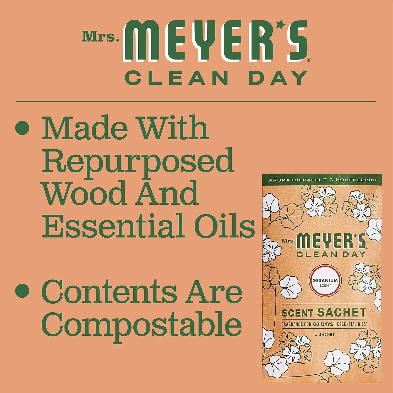 MRS. MEYER'S Clean Day Air Freshener Sachets, Fragrance for Your Locker, Car, Closet, and Gym Bag, Geranium, Pack of 3