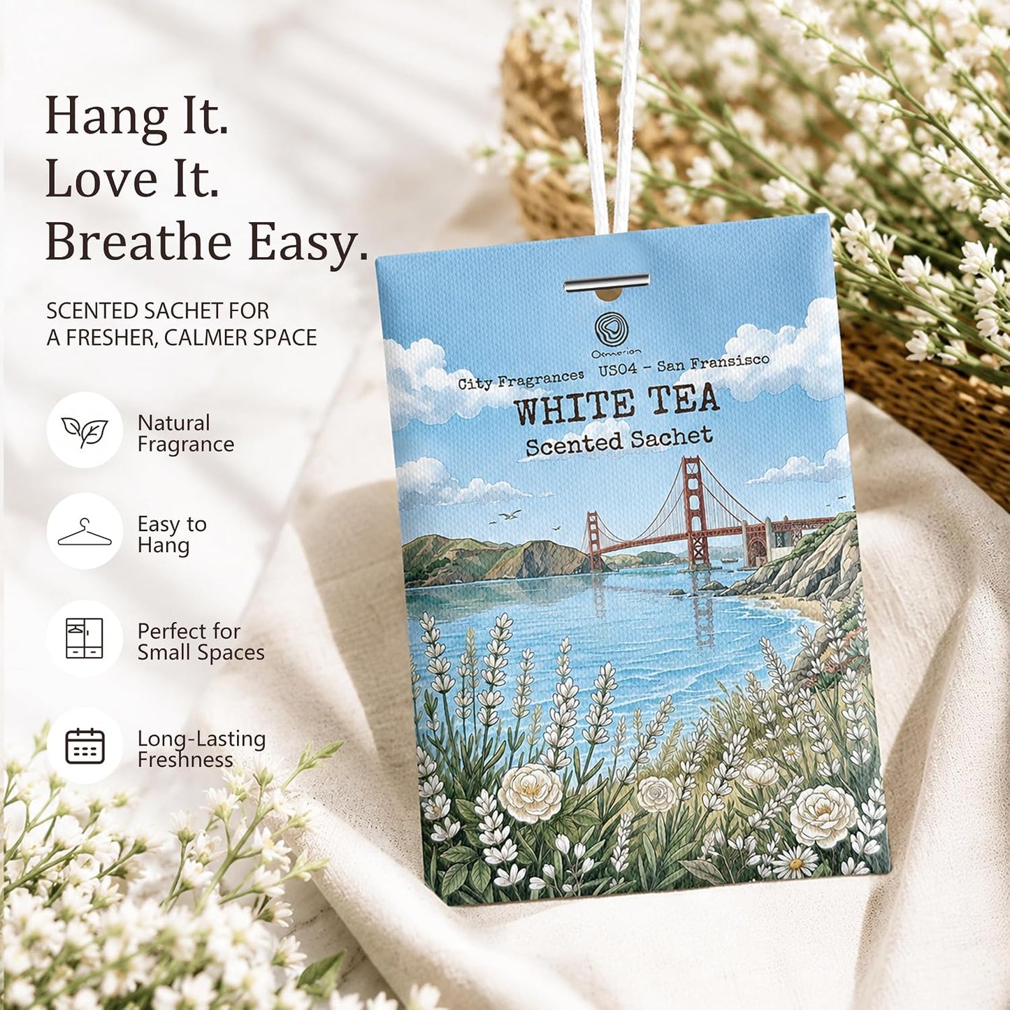 US04-San Francisco White Tea Sachets for Drawers, Closets & Cars, 12 Pack | Car Air Freshener sachets with San Francisco White Tea scent. Freshens closets, drawers, cars and small spaces.