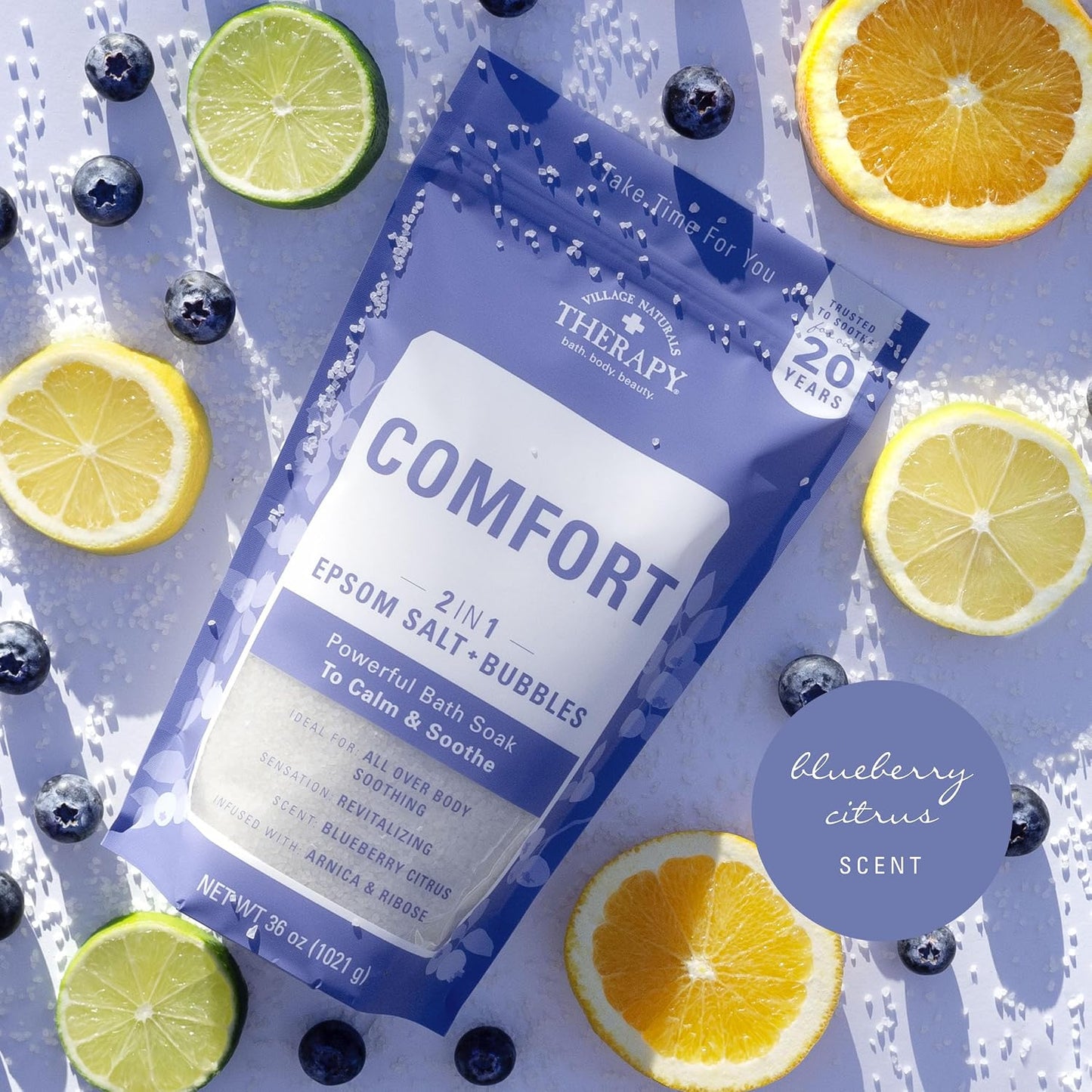 Village Naturals Therapy Comfort Foaming Bath Soak, Blueberry Citrus Scent, 36 oz, Pack of 2