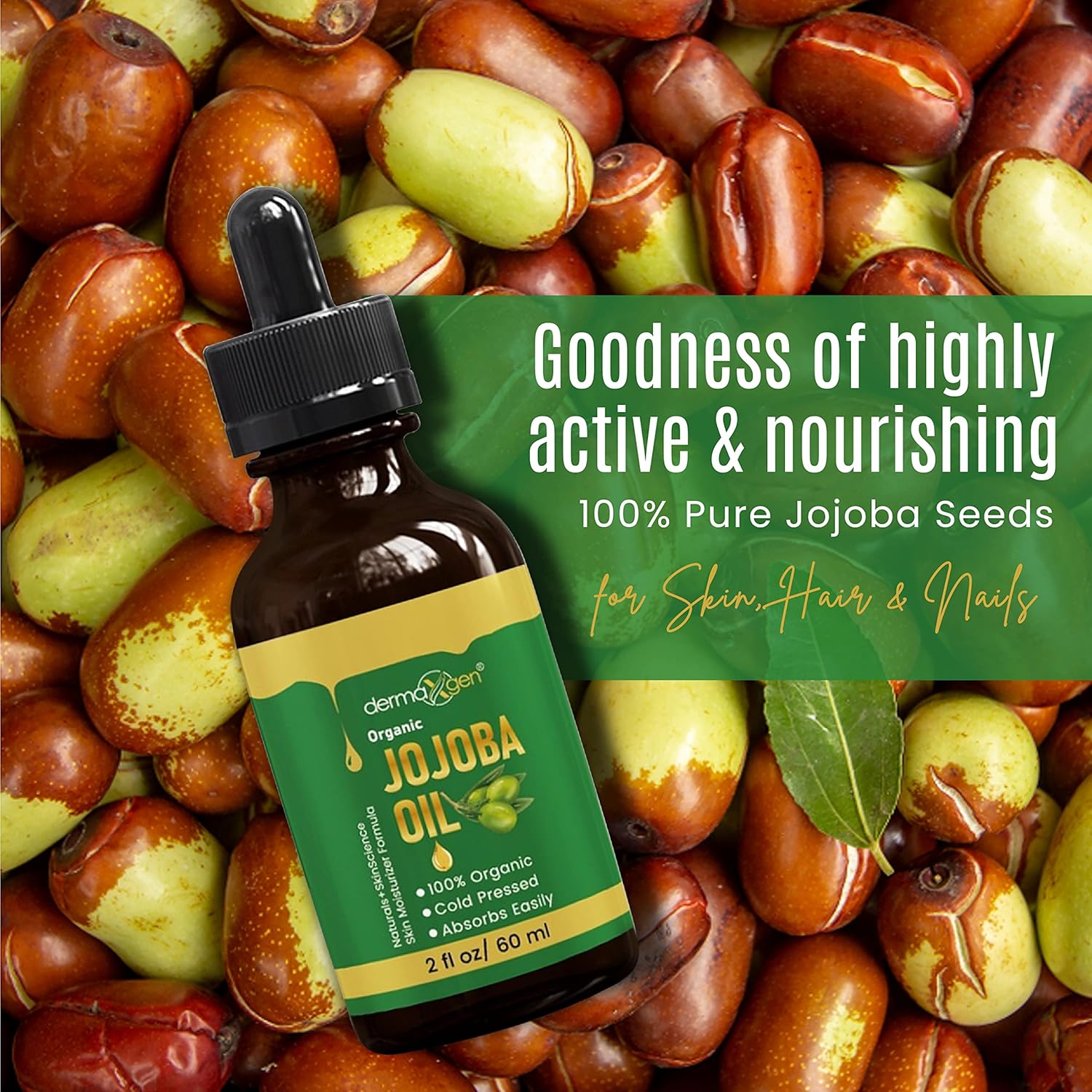 Jojoba Oil -100% Organic & Cold Pressed Oil - Anti-Aging Moisturizing Treatment for Face, Hair, Skin & Nails, Acne Scars, Anti-Wrinkle. (2 FL OZ)