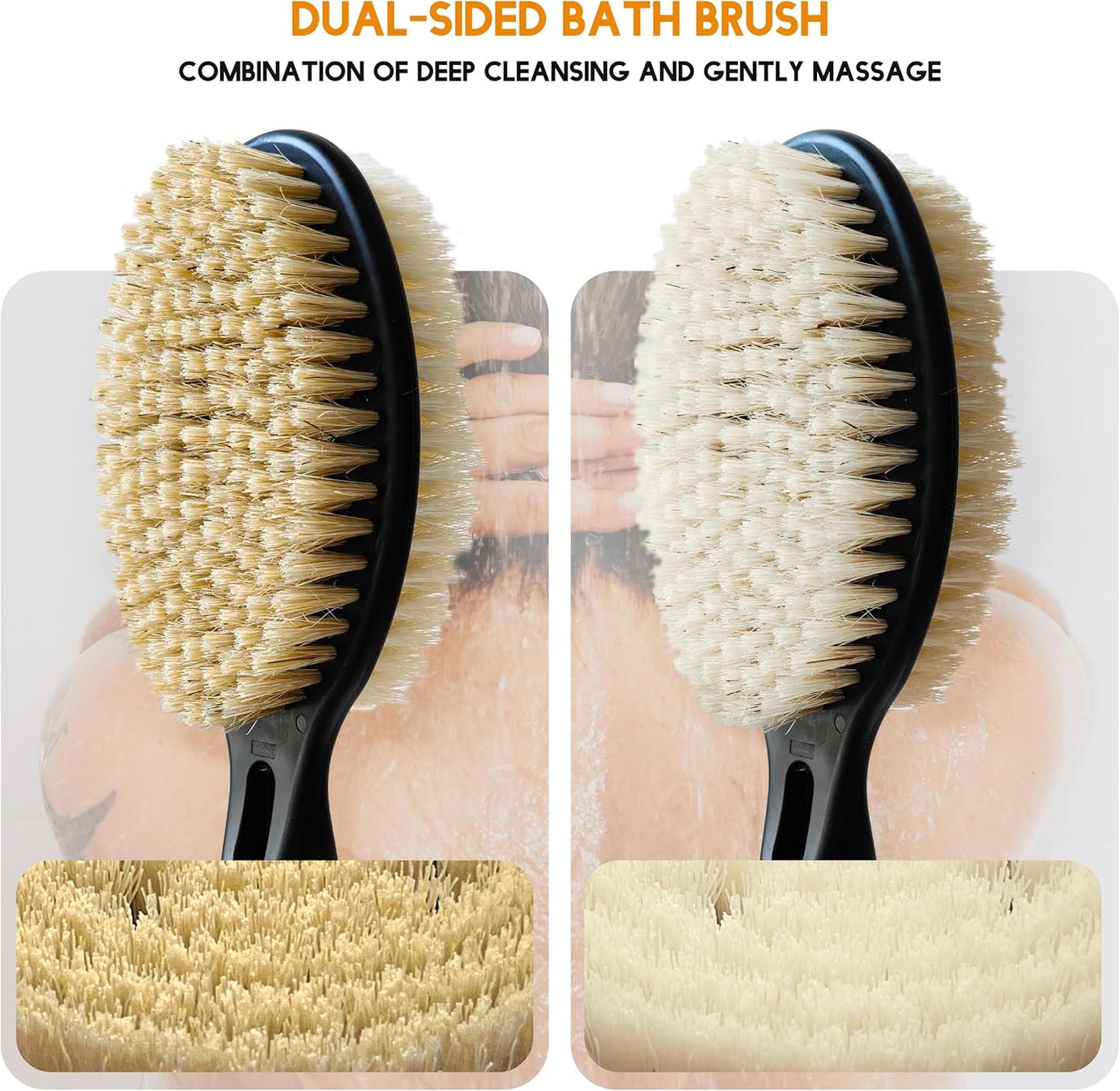 Back Scrubber for Shower with Long Handle, Dual-Sided Bath Brush for Wet & Dry Brushing, Soft & Stiff Bristles Body Exfoliator, Adjustable Detachable Shower Brush for Back, Legs & Feet