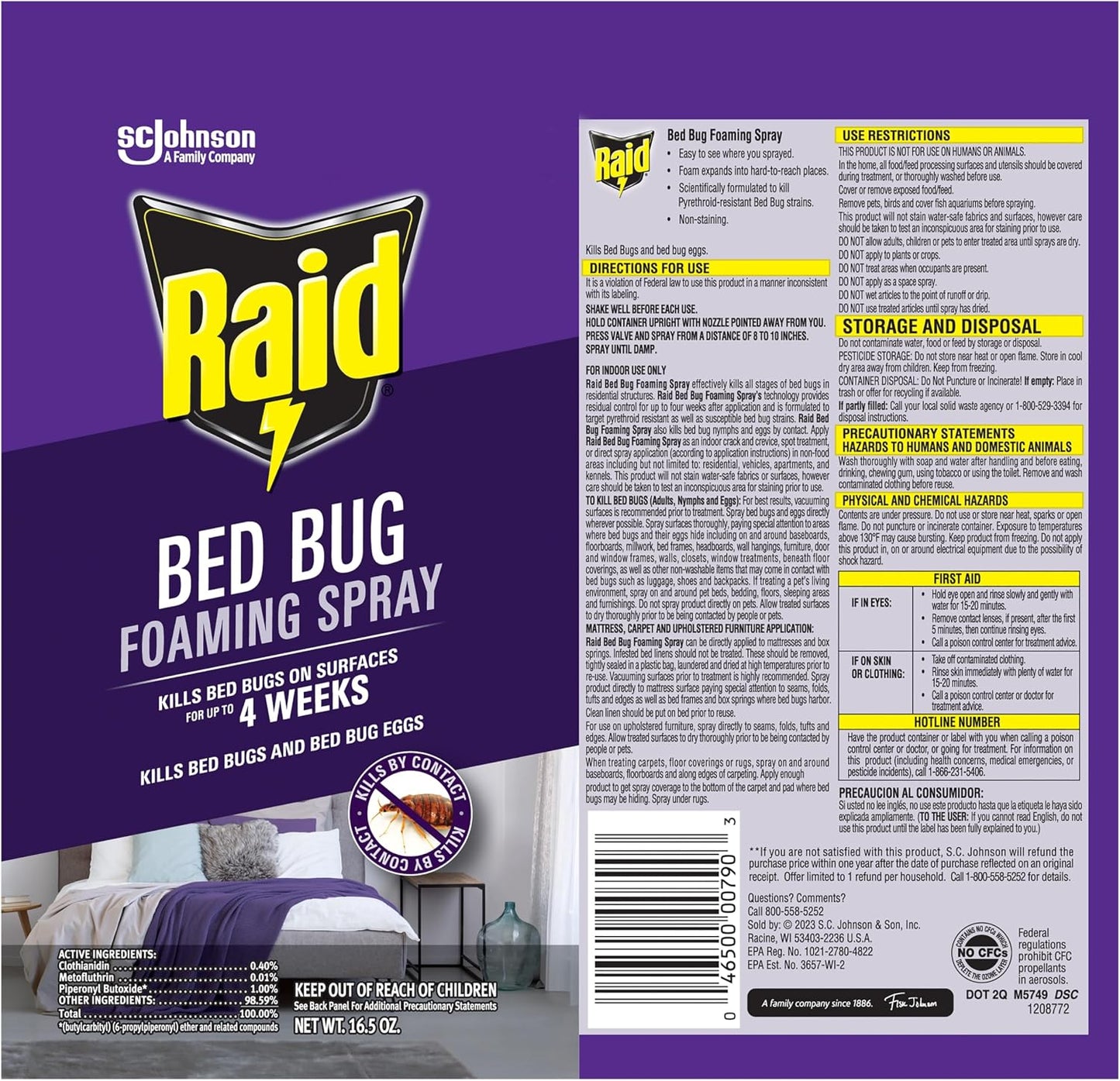 Raid Bed Bug Foaming Spray, Indoor Insecticide Kills Bed Bugs & Eggs, 16.5 oz