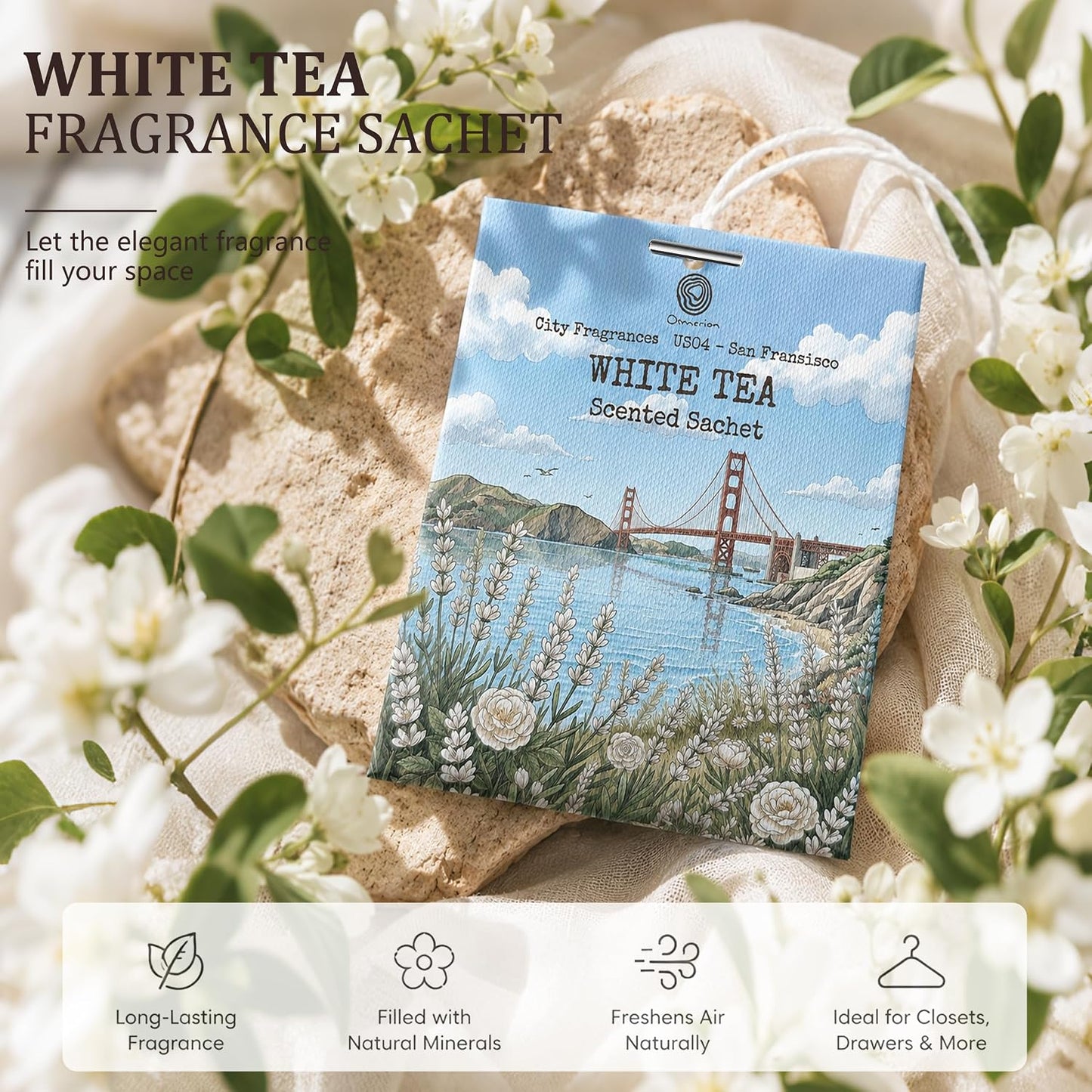 US04-San Francisco White Tea Sachets for Drawers, Closets & Cars, 12 Pack | Car Air Freshener sachets with San Francisco White Tea scent. Freshens closets, drawers, cars and small spaces.