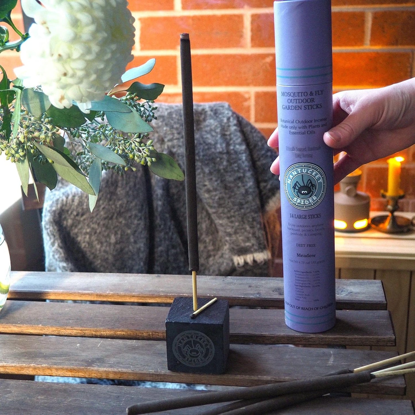 Nantucket Spider Garden Incense Sticks | Repellent for Mosquitos and Flies | Long Lasting with Pleasant Fragrance | Handmade Bamboo Based Sticks for Outdoor Use | Meadow - Pack of 14