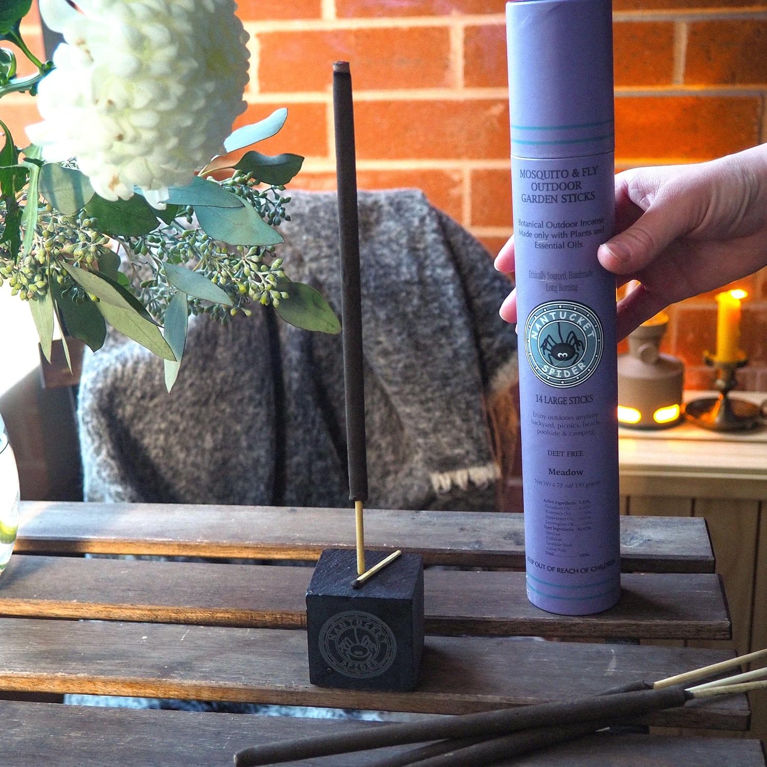 Nantucket Spider Garden Incense Sticks | Repellent for Mosquitos and Flies | Long Lasting with Pleasant Fragrance | Handmade Bamboo Based Sticks for Outdoor Use | Meadow - Pack of 14