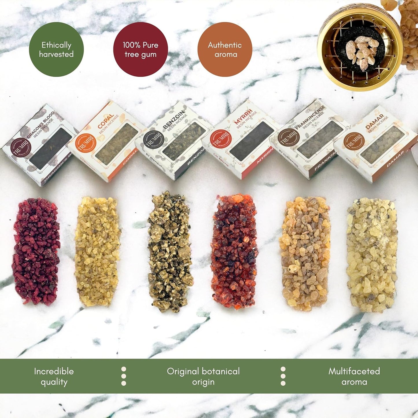 Resin Incense - Natural Tree Gum Sap - 6x30g Variety Pack Including Frankincense and Myrrh Copal Benzoin Dragon's Blood Damar