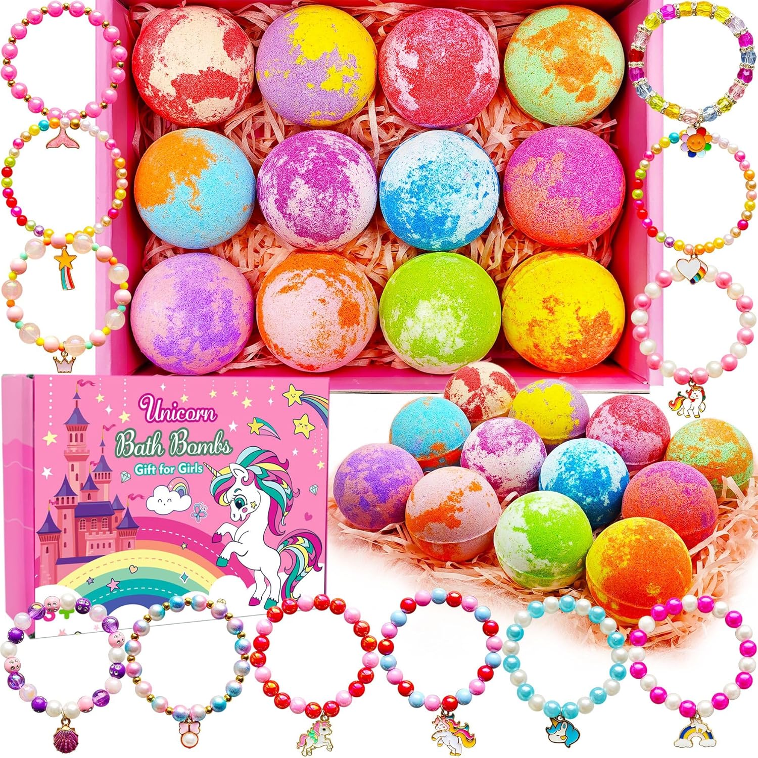 Unicorn Bath Bombs with Surprise Toys Inside for Kids Girls 3 4 5 6 7 8 Years Old Birthday Gift for Girls Bath Bombs with Surprise Jewelry Inside for Kids Toddler Girl Birthday Christmas Easter Gifts