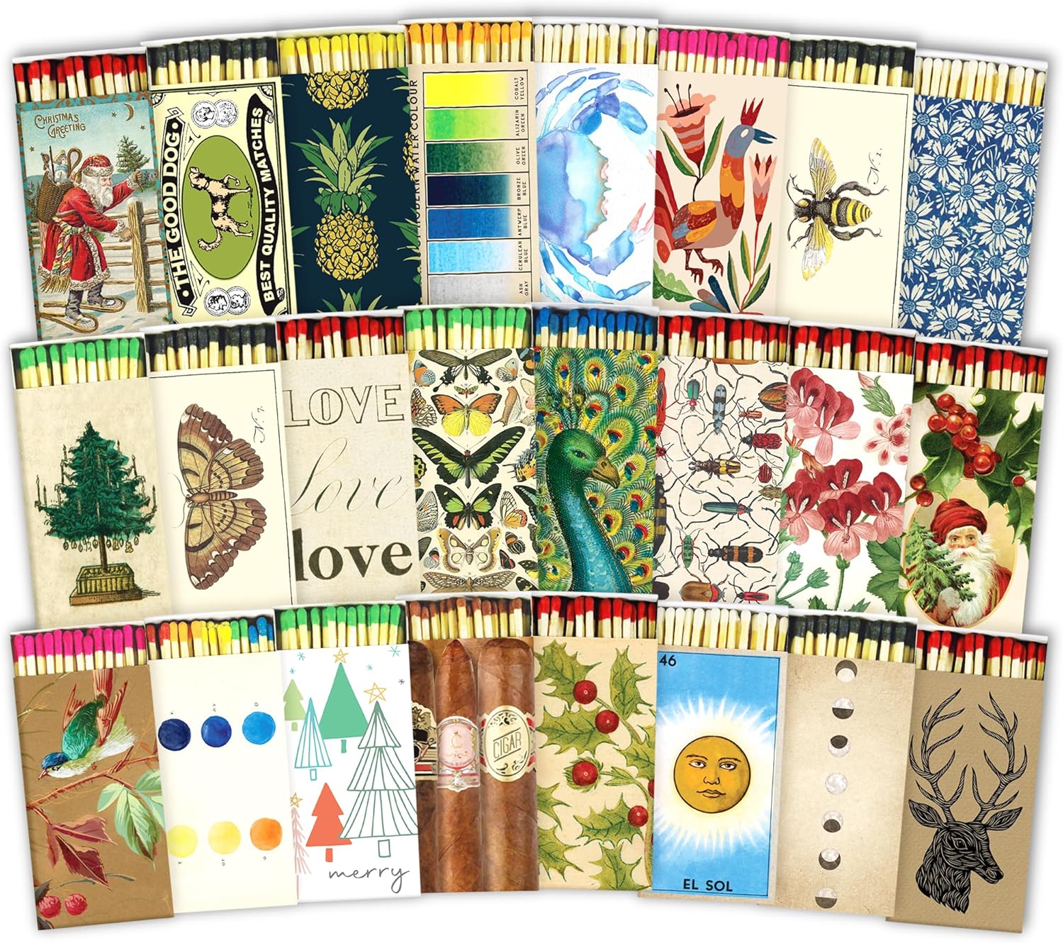 HomArt Matchbox Designs of Your Choice (2 Unique Box Designs with 4" Matches, Striking Stickers by Thankful Greetings) Decorative & Festive for Home Decor, Gifts, Accessories | Long Safety Matches