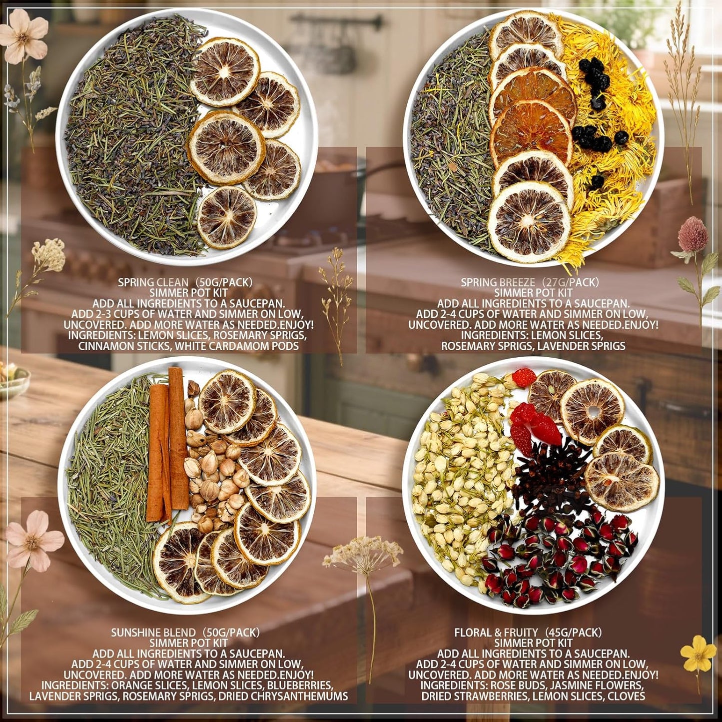 Siifert 4 Set Potpourri Bags Stovetop Simmer Pot Simmering Mix Potpourri Instruction and Sticker Floral Fruity Cinnamon Natural Air Freshener Sachet for Holiday Relaxing Housewarming Hostess Gift